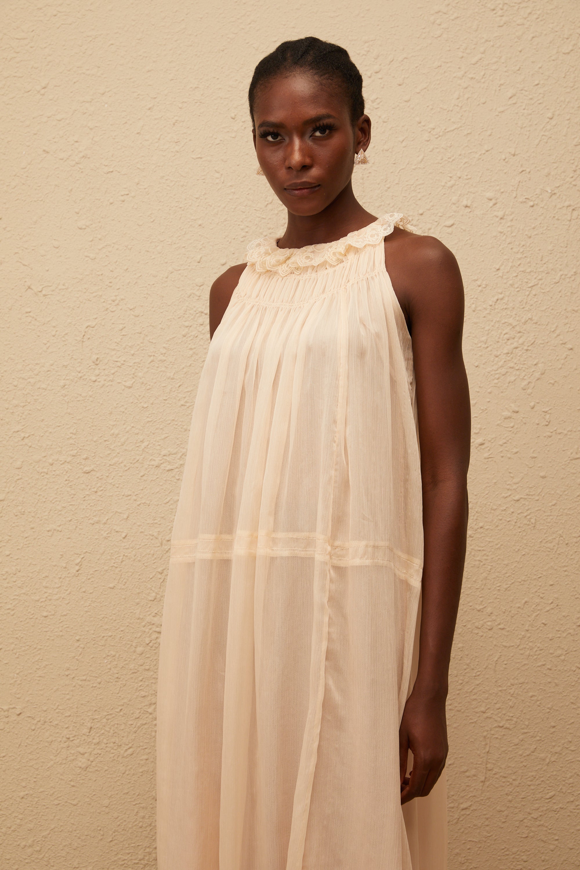 Orélie Neutral Pleated Chiffon Midi Dress (Final Sale-US Only)
