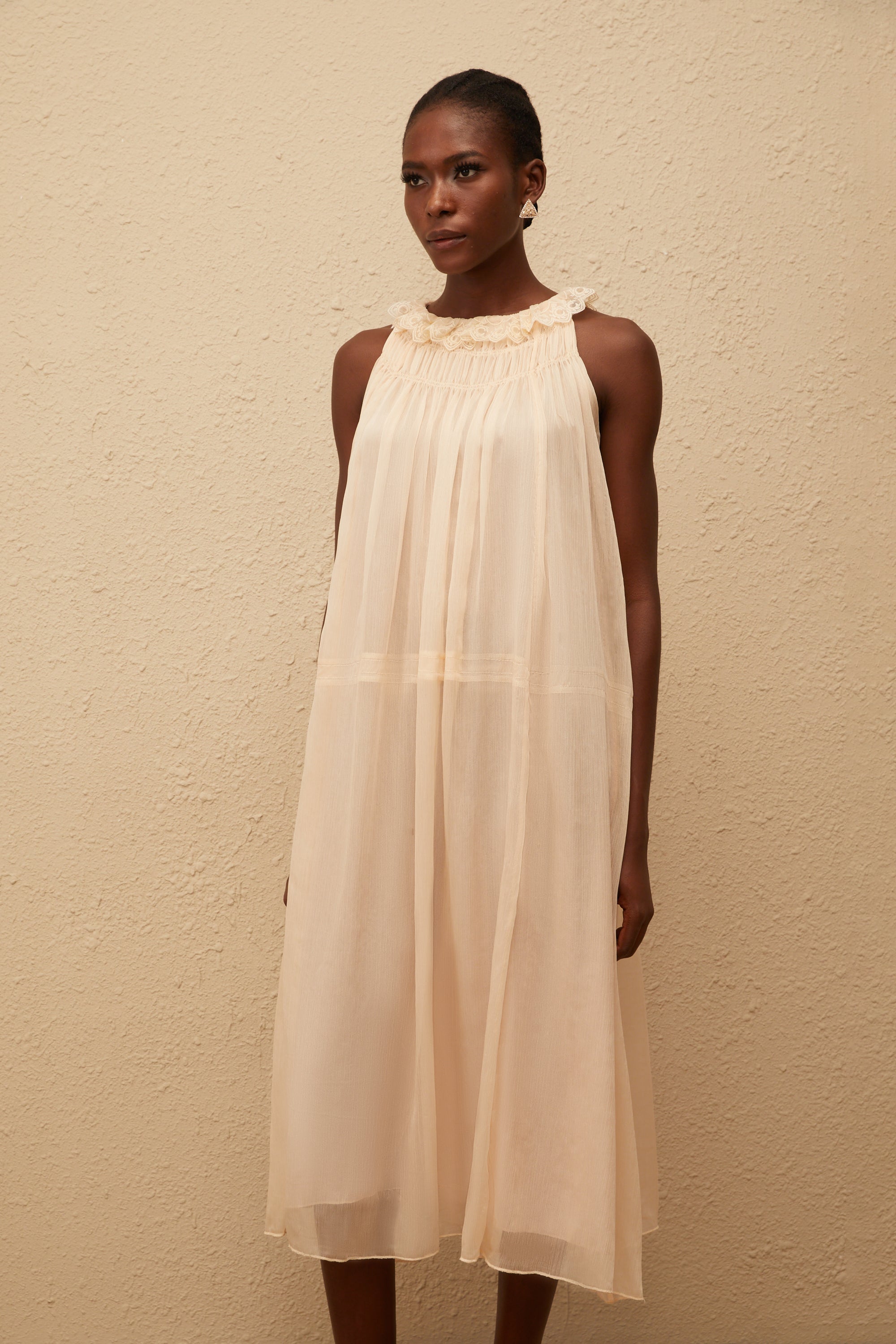 Orélie Neutral Pleated Chiffon Midi Dress (Final Sale-US Only)