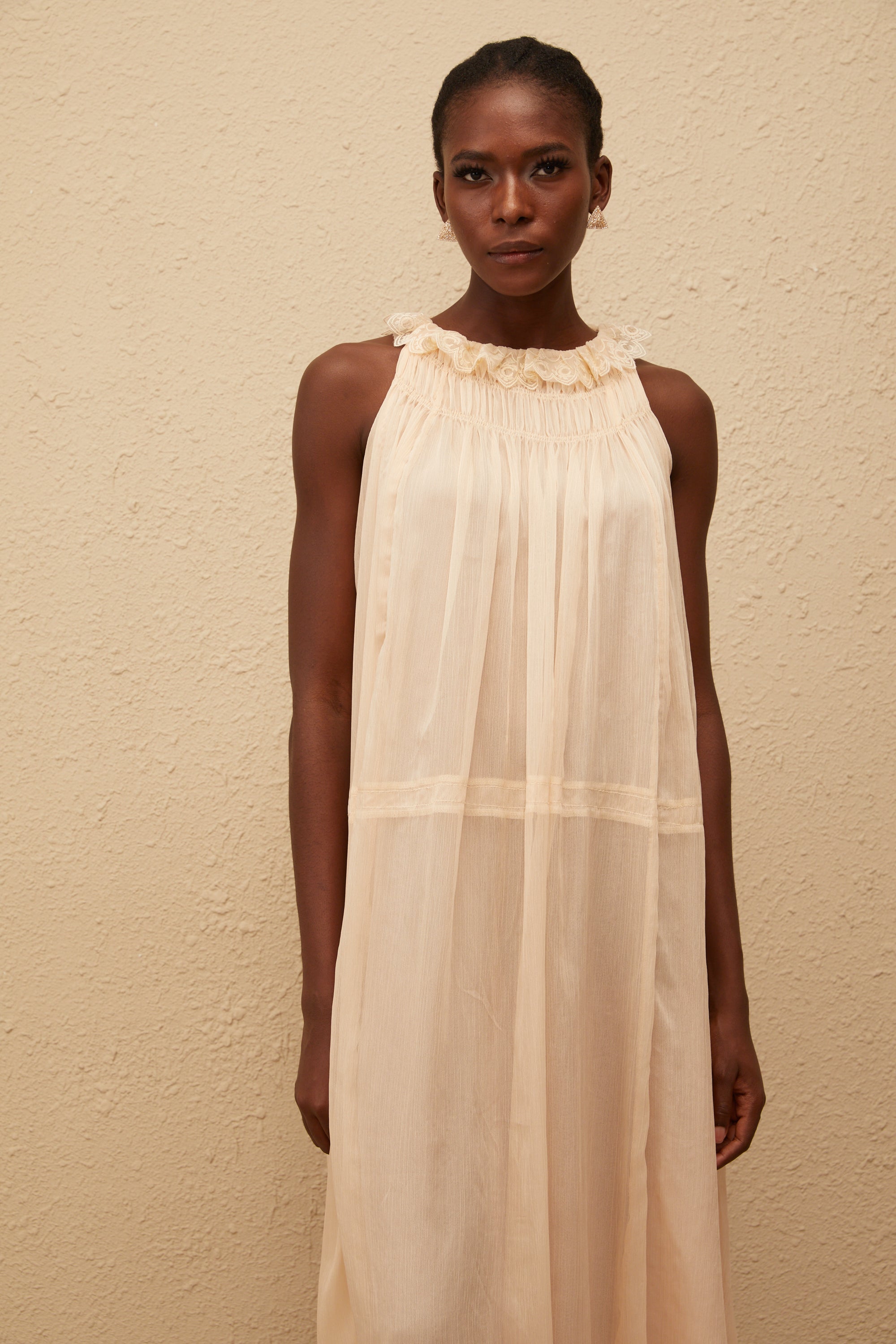 Orélie Neutral Pleated Chiffon Midi Dress (Final Sale-US Only)