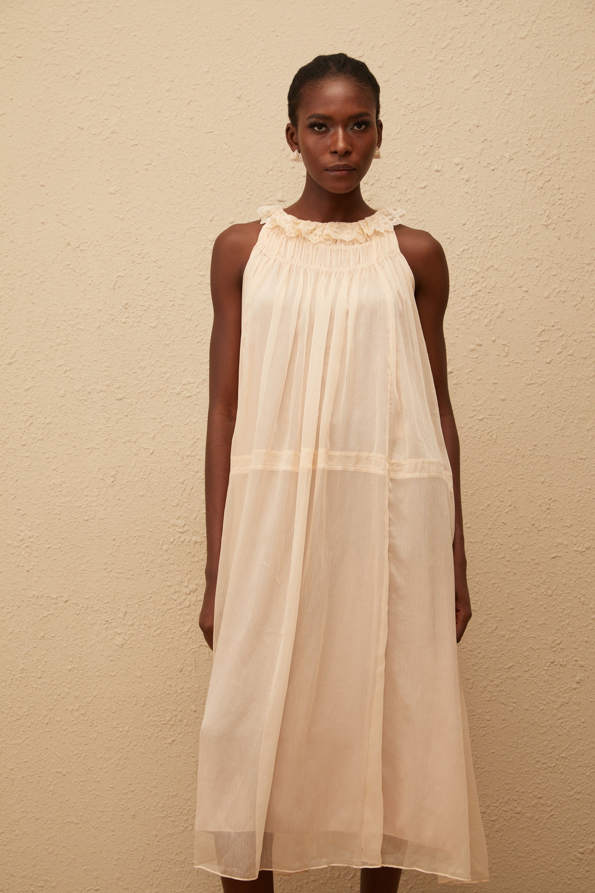 Orélie Neutral Pleated Chiffon Midi Dress (Final Sale-US Only)