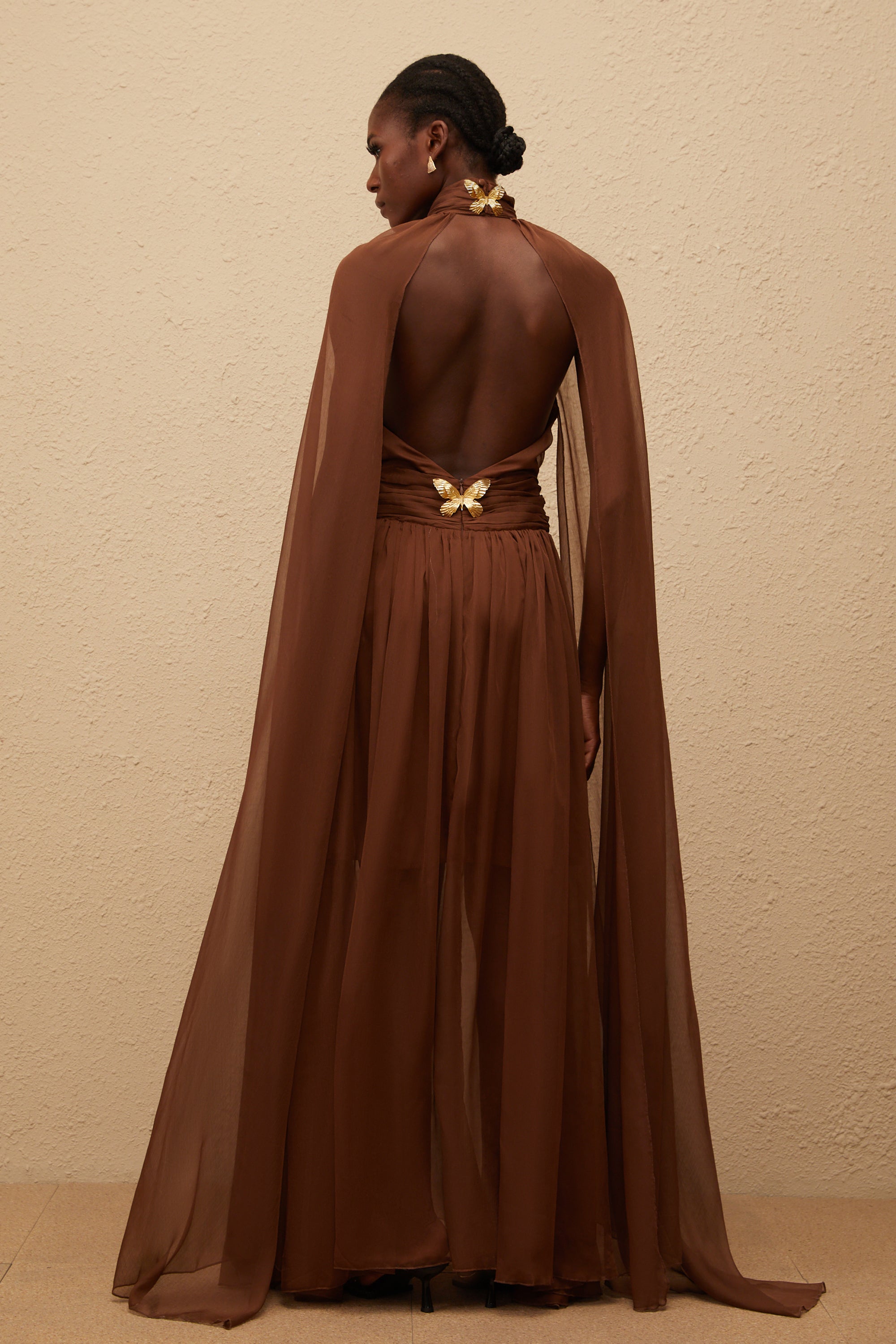 Coralie Brown Cape Design Pleated Tulle Gown