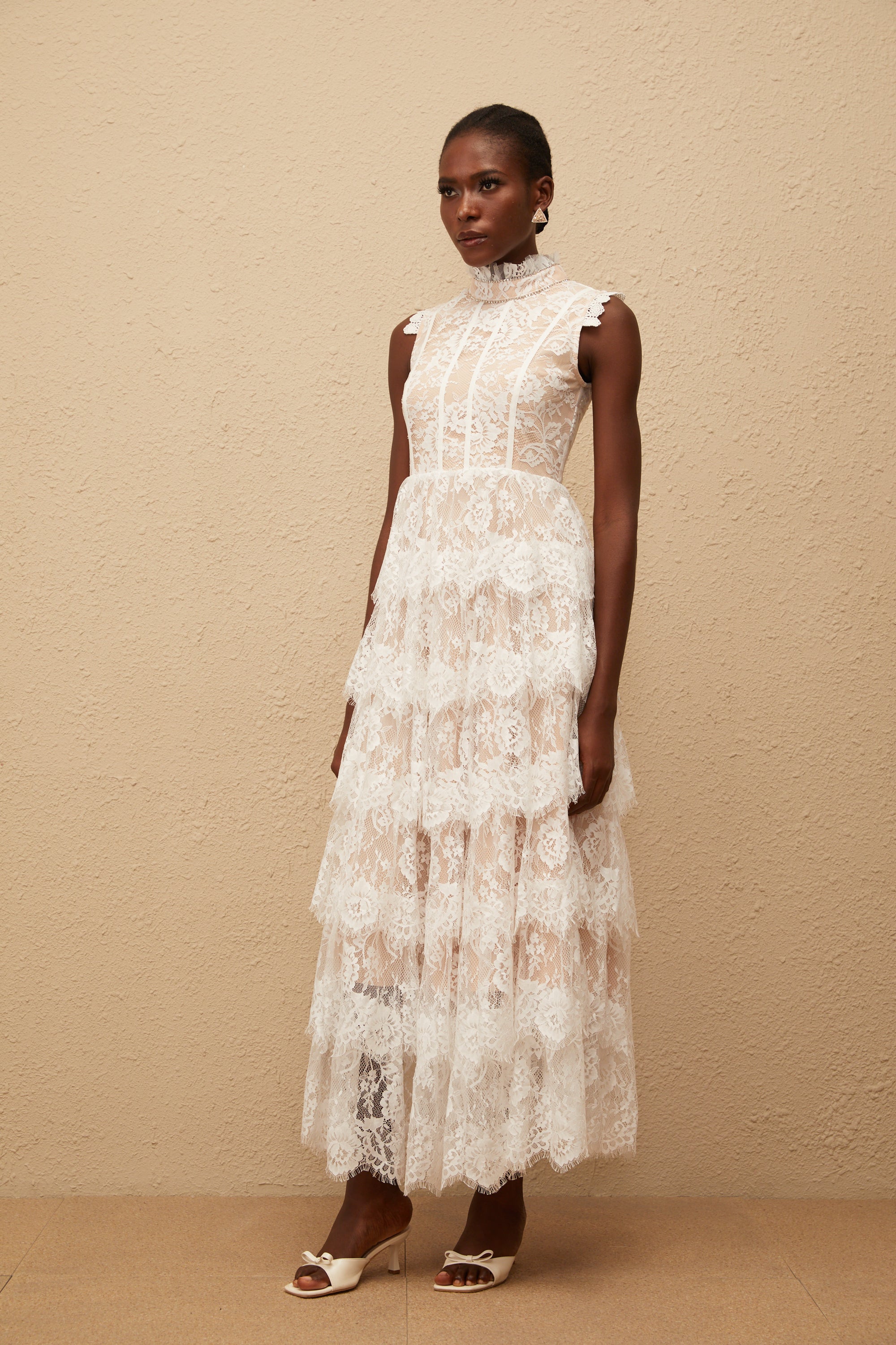 Thérèse White Embellished Floral Lace Tiered Maxi Dress (Final Sale-US Only)