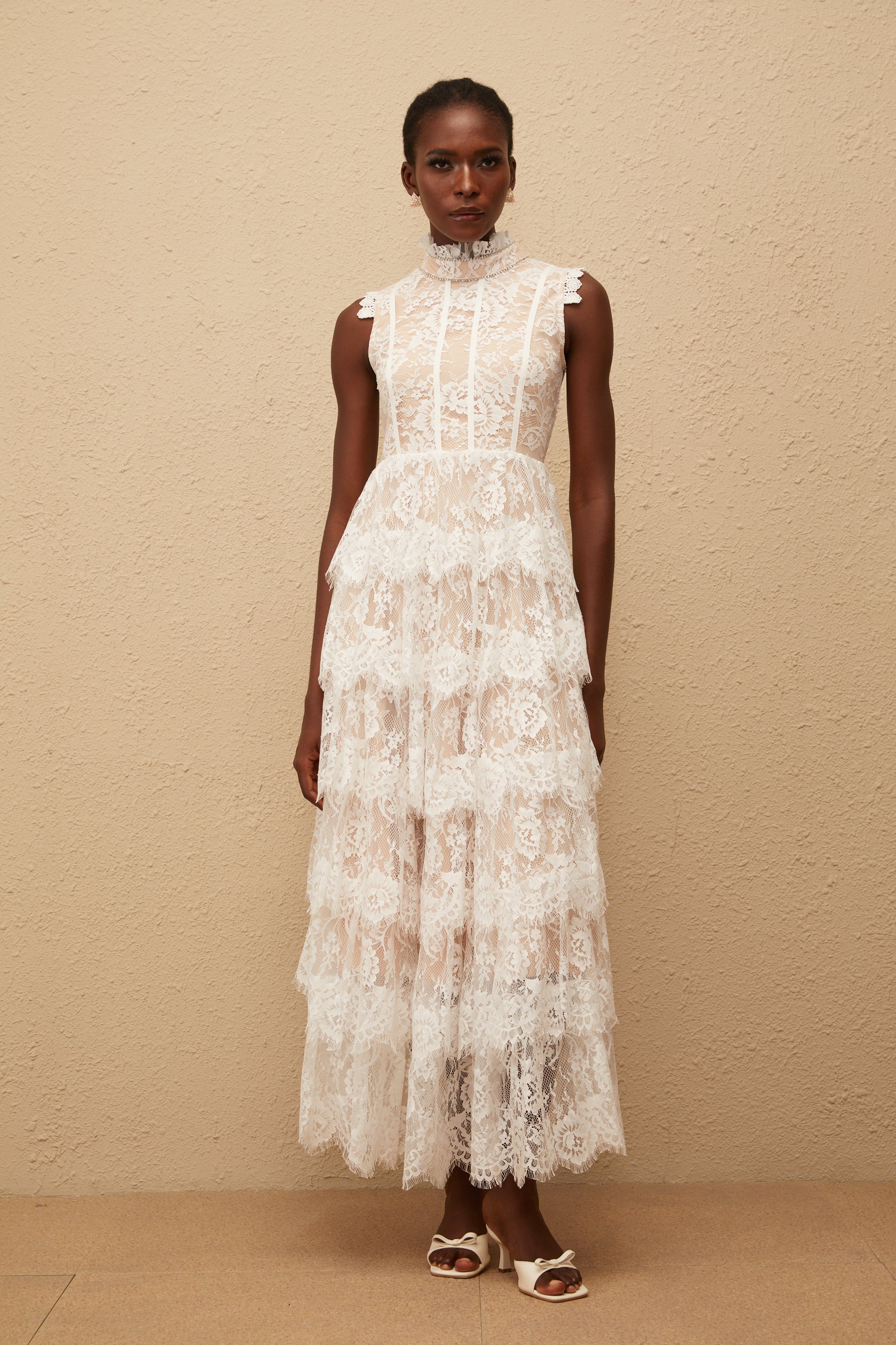 Thérèse White Embellished Floral Lace Tiered Maxi Dress (Final Sale-US Only)