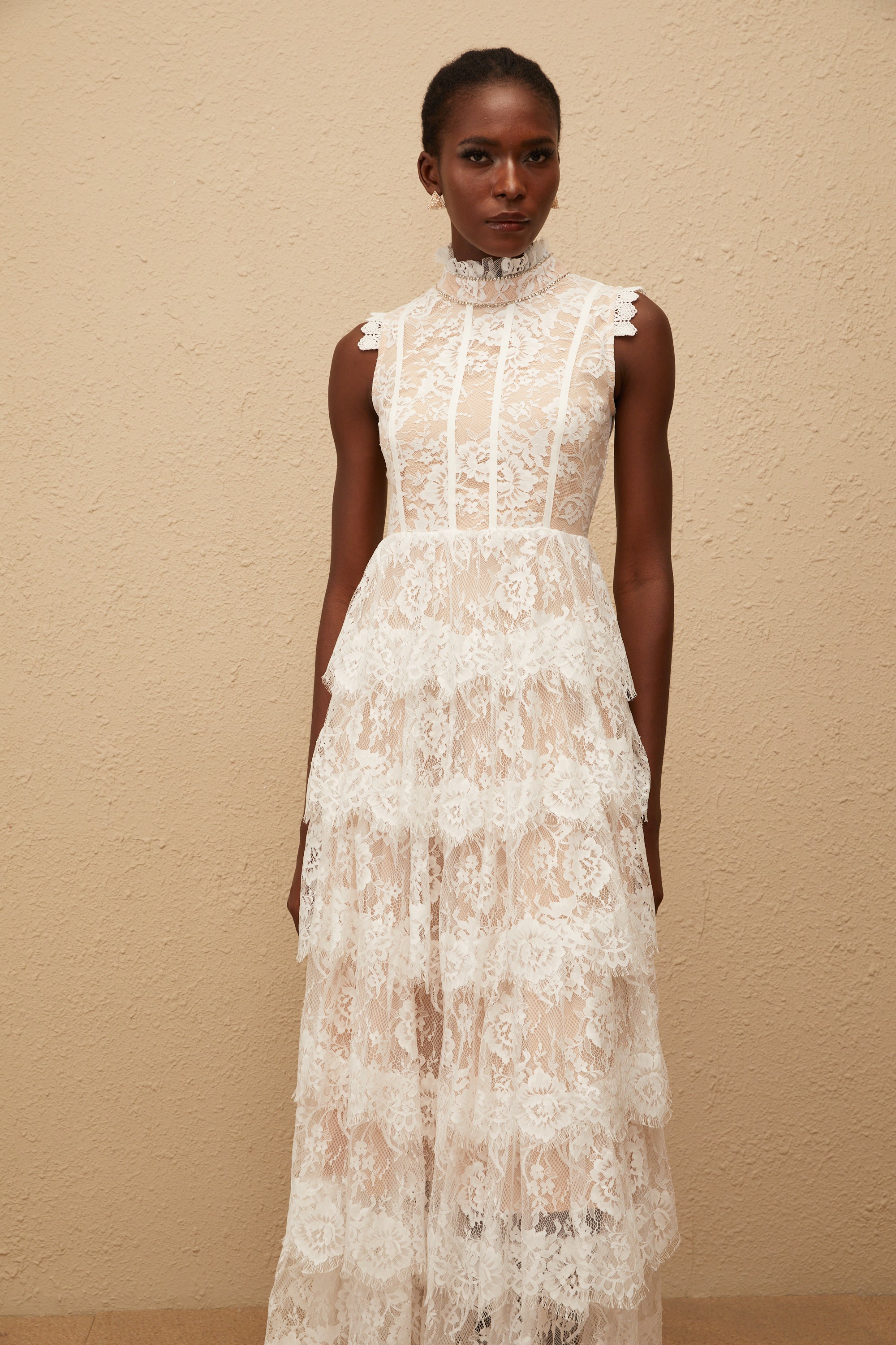 Thérèse White Embellished Floral Lace Tiered Maxi Dress (Final Sale-US Only)