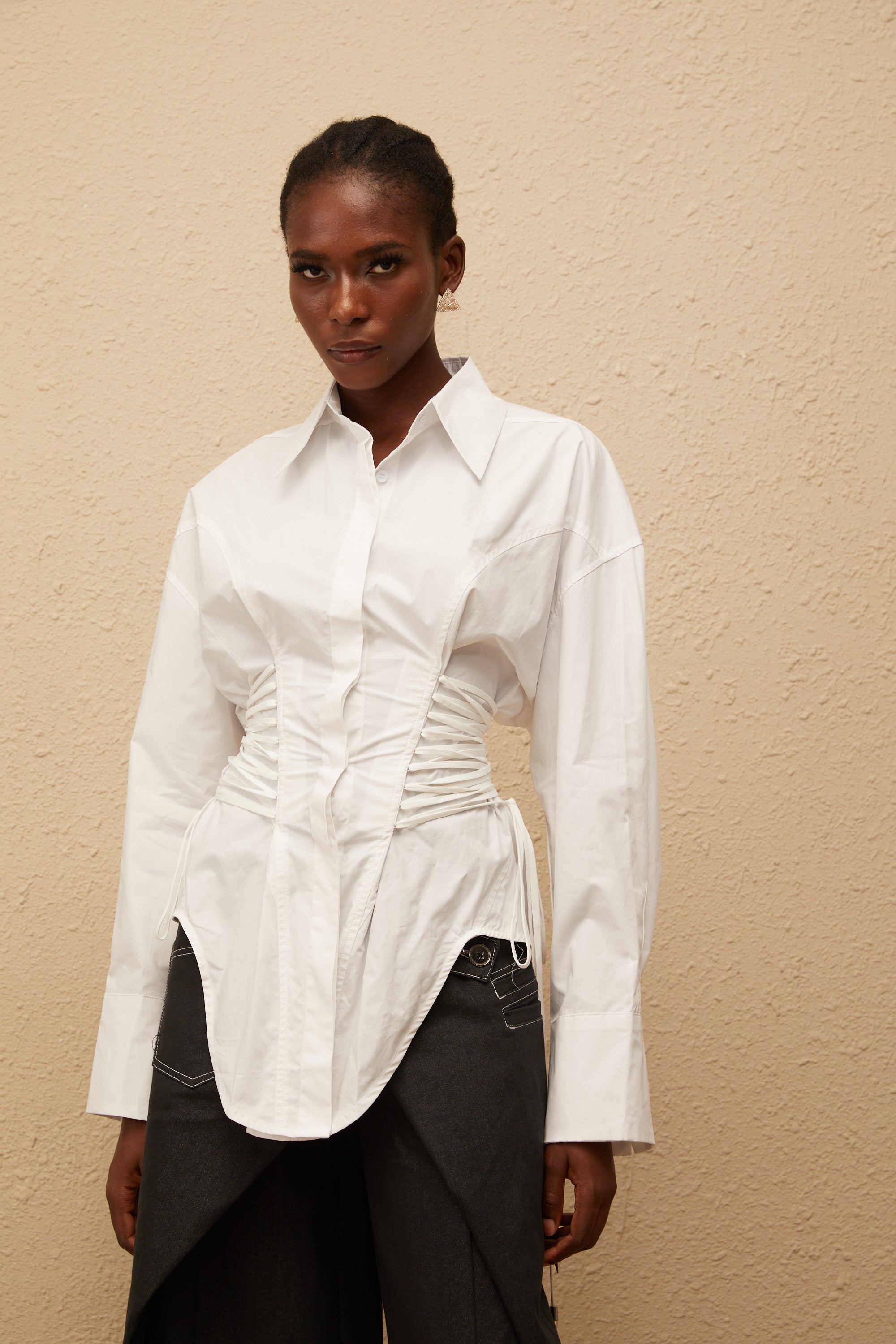 Bérénice White Curved Lace Up Shirt (Final Sale-US Only)