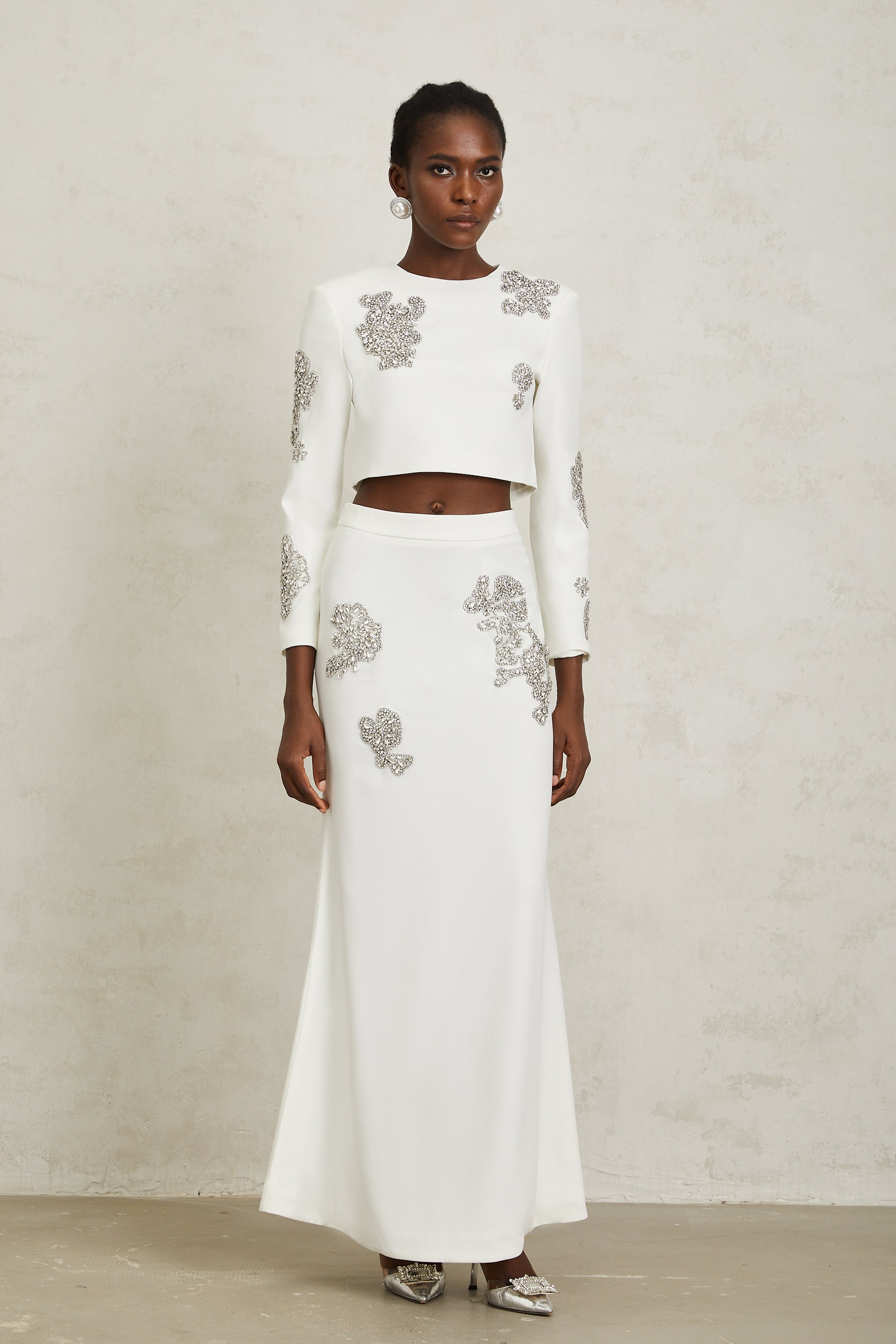 Luna White Crystal Embellished Top & Skirt Set