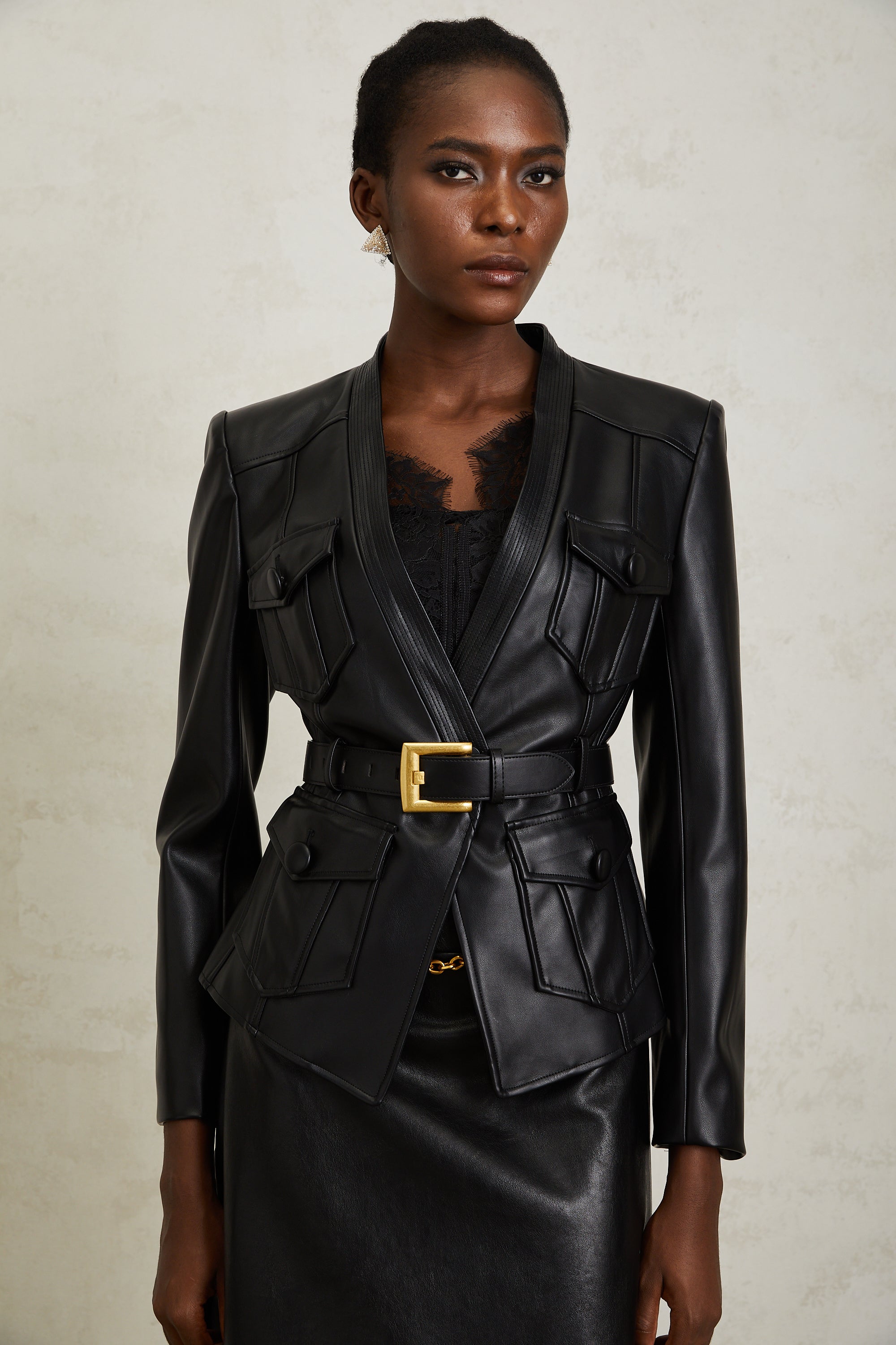 Isabel Black Belted Faux Leather Jacket (Final Sale)