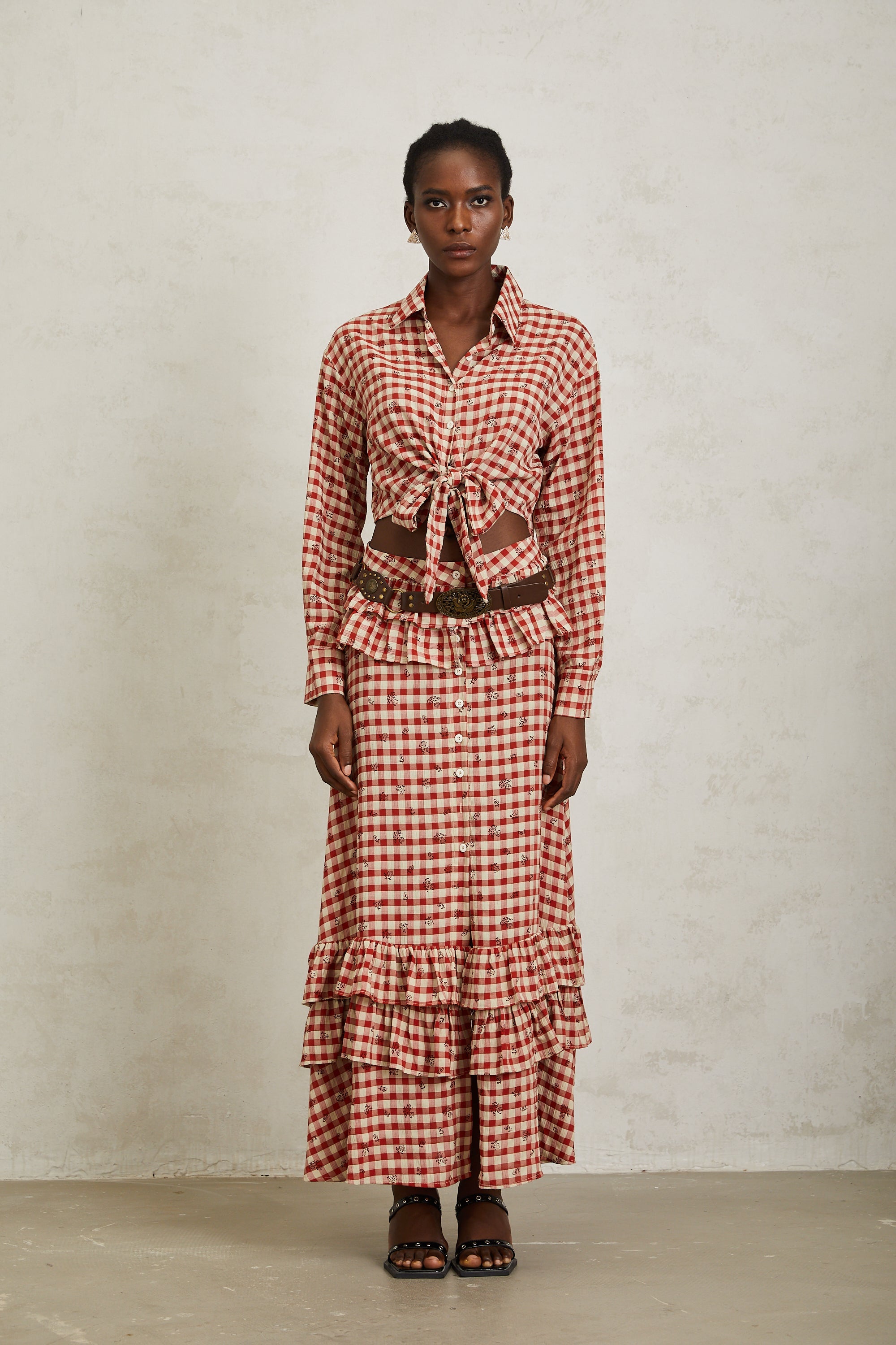 Céline Red Rose Print Plaid Shirt & Skirt Set (Without Belt)