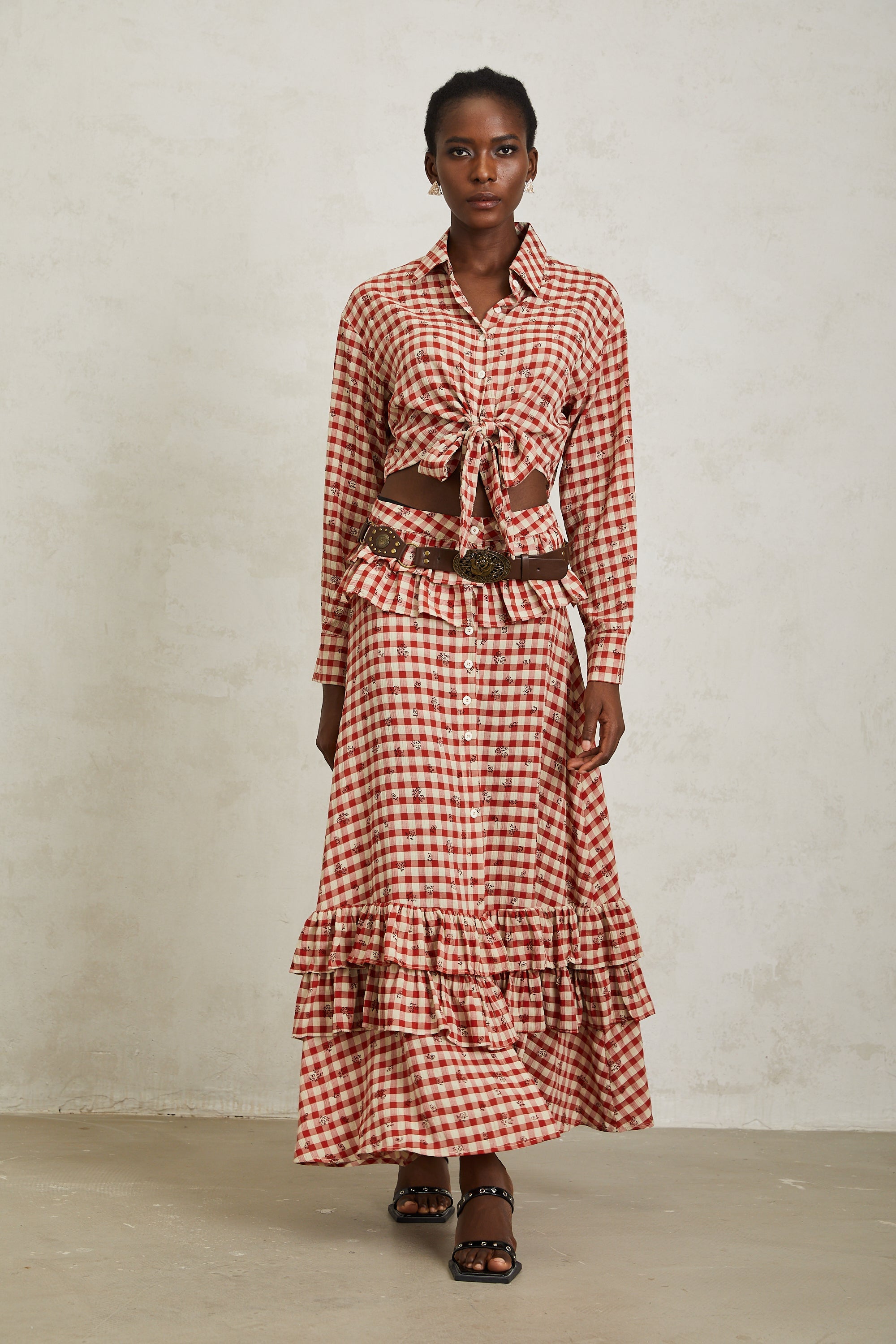 Céline Red Rose Print Plaid Shirt & Skirt Set (Without Belt)