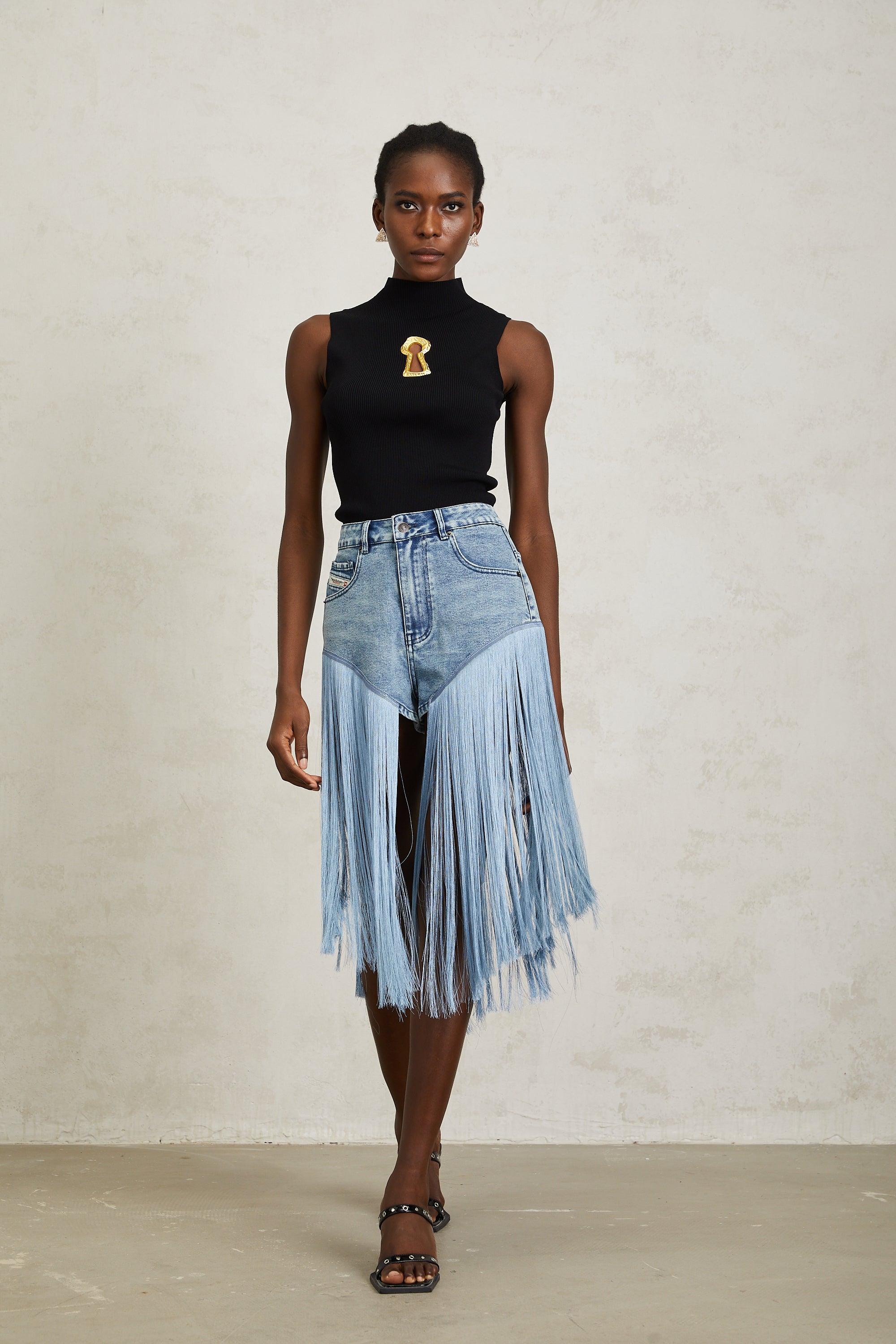 Martina Blue Fringed Panel Denim Shorts (Final Sale-US Only)
