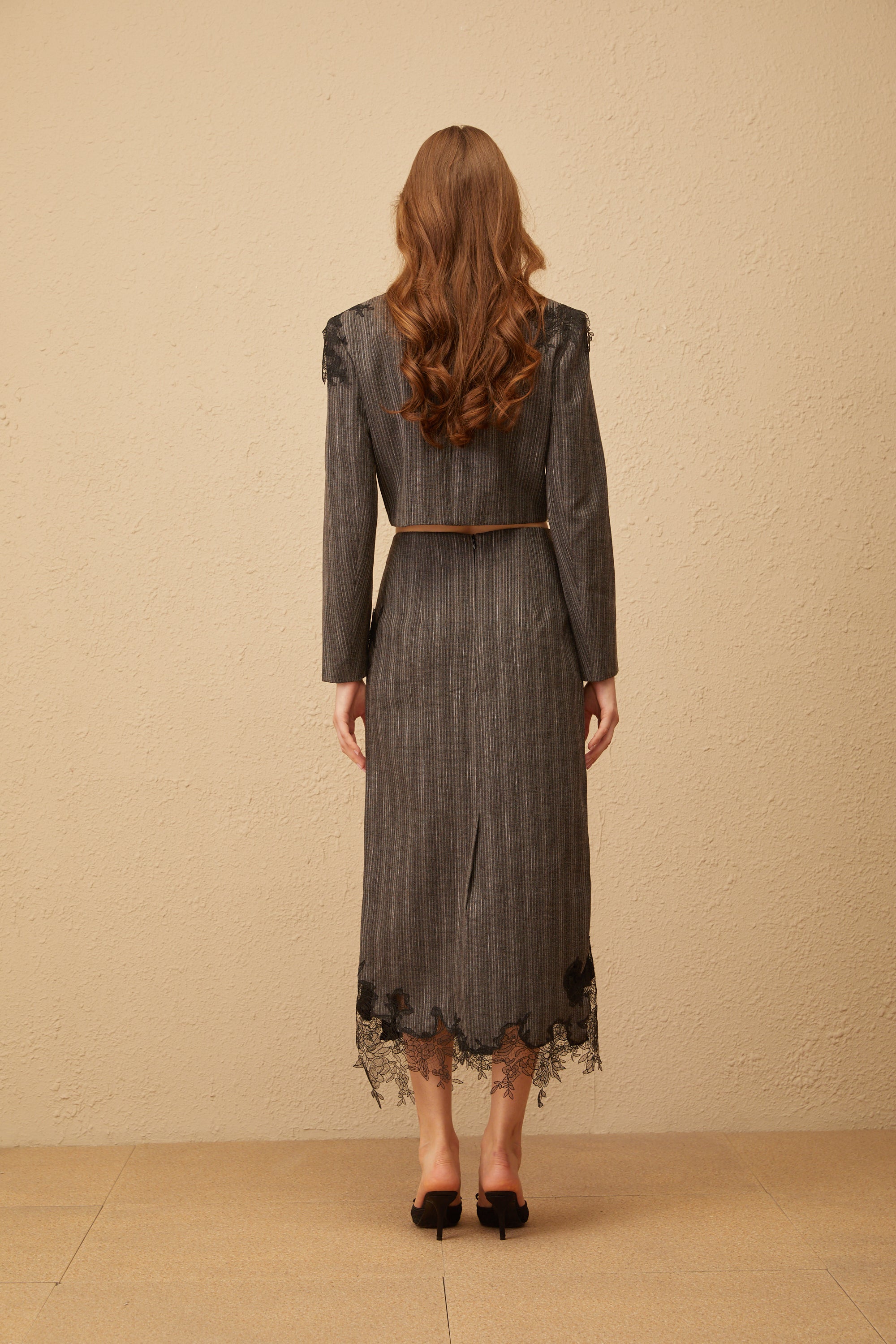 Sidonie Grey Floral Appliqué Striped Blazer & Skirt Set (Final Sale)