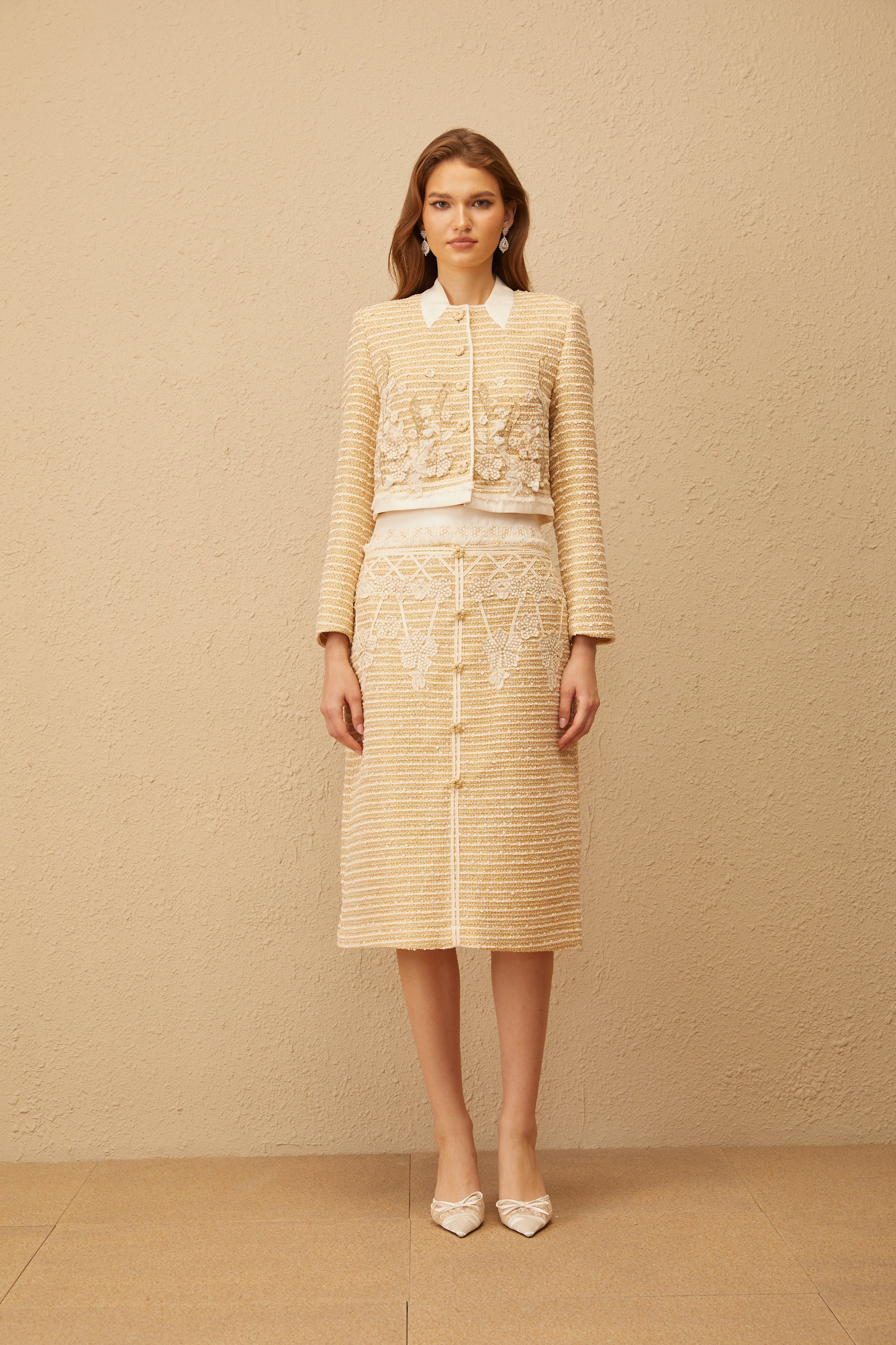 Catalina Neutral Floral Jacquard Tweed Jacket & Skirt Set (Final Sale-US Only)