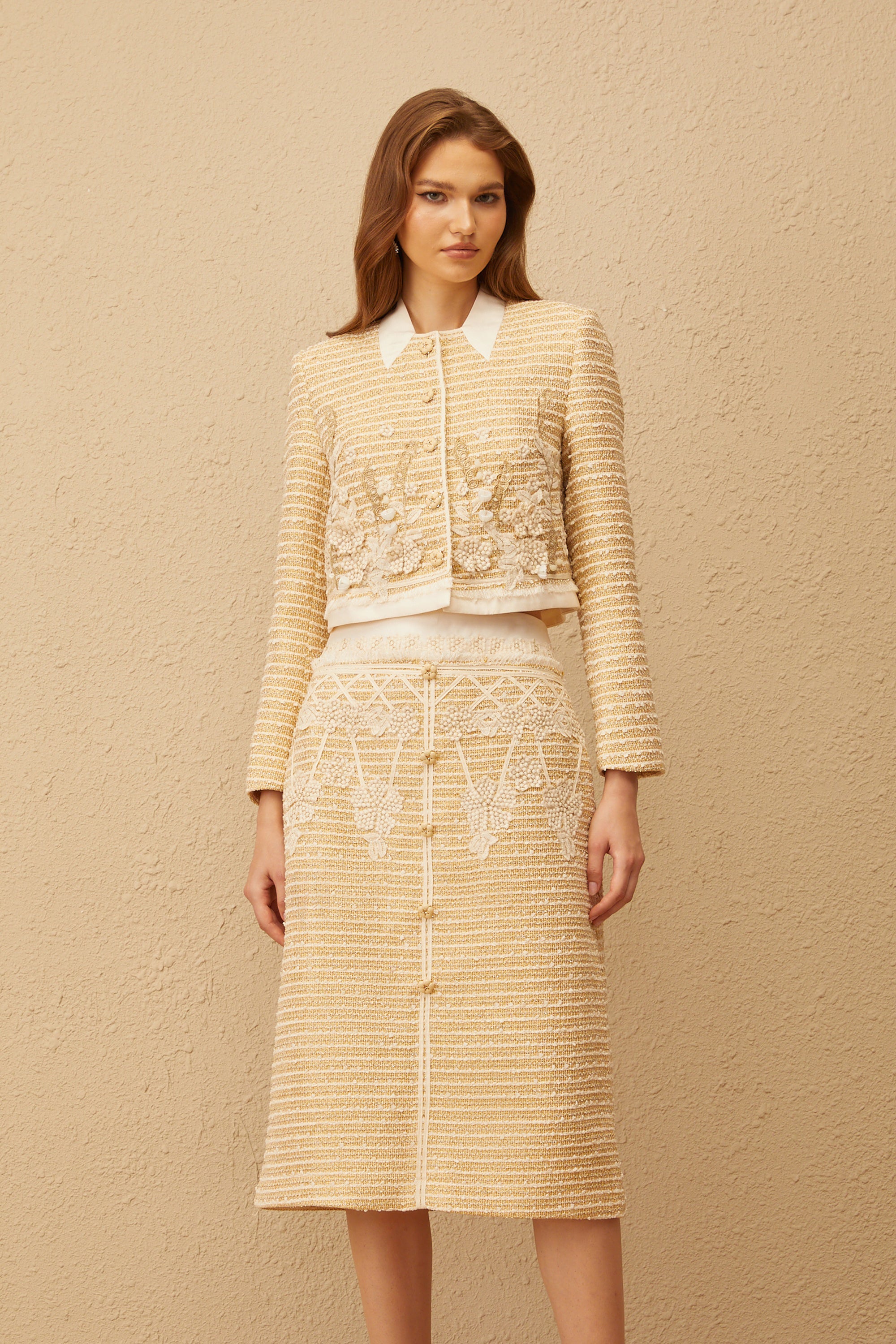 Catalina Neutral Floral Jacquard Tweed Jacket & Skirt Set (Final Sale-US Only)