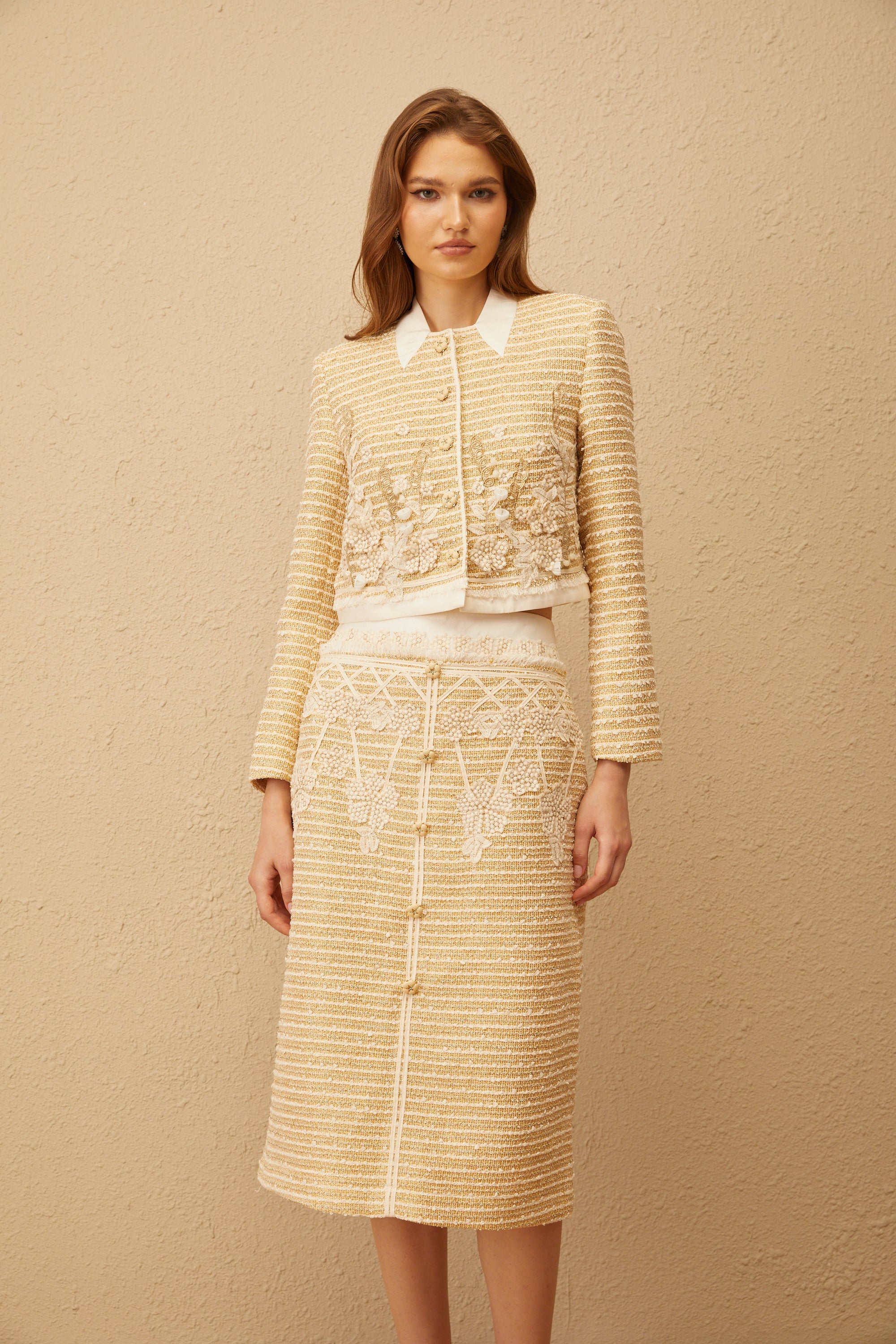 Catalina Neutral Floral Jacquard Tweed Jacket & Skirt Set (Final Sale-US Only)
