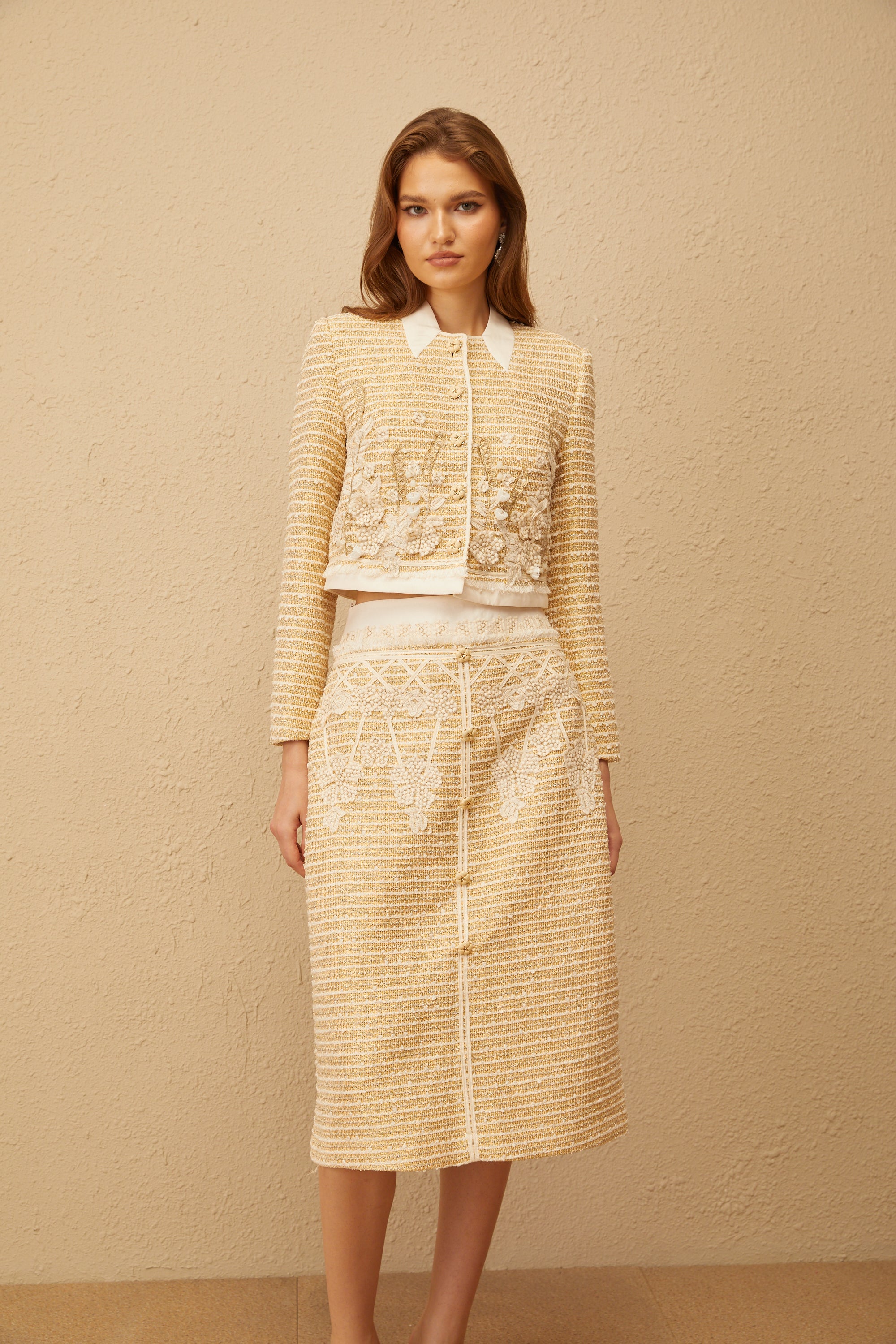 Catalina Neutral Floral Jacquard Tweed Jacket & Skirt Set (Final Sale-US Only)