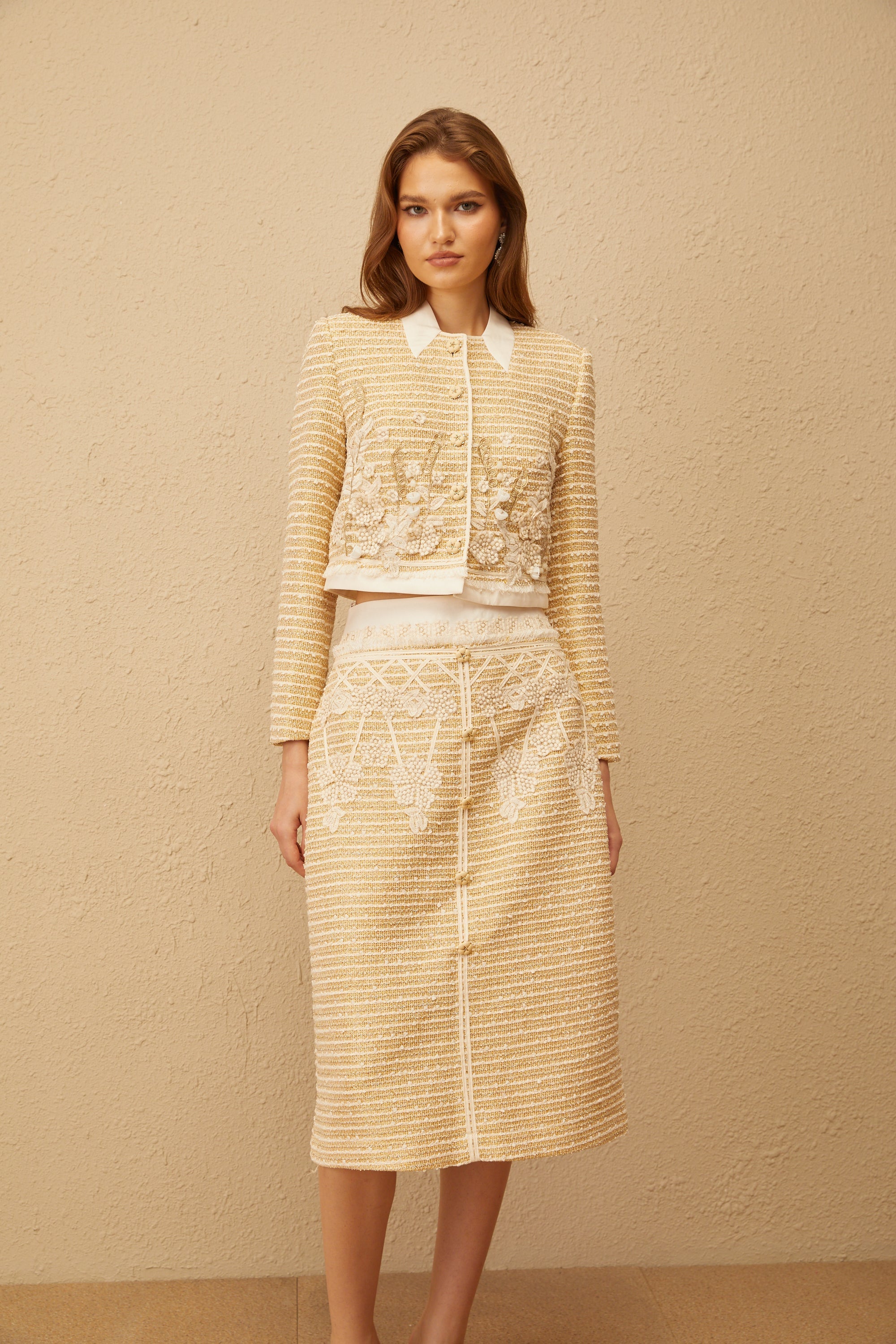 Catalina Neutral Floral Jacquard Tweed Jacket & Skirt Set