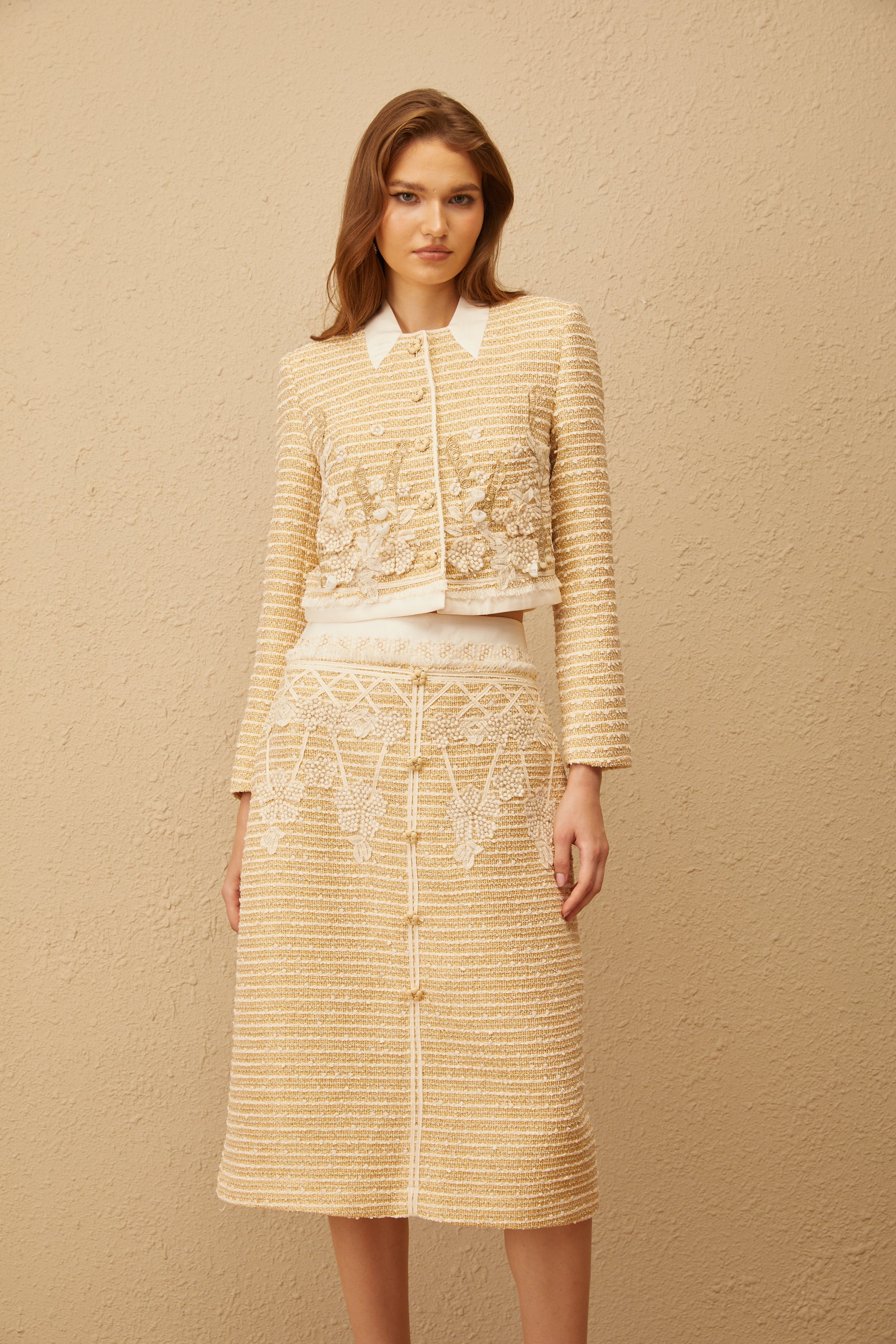 Catalina Neutral Floral Jacquard Tweed Jacket & Skirt Set (Final Sale-US Only)