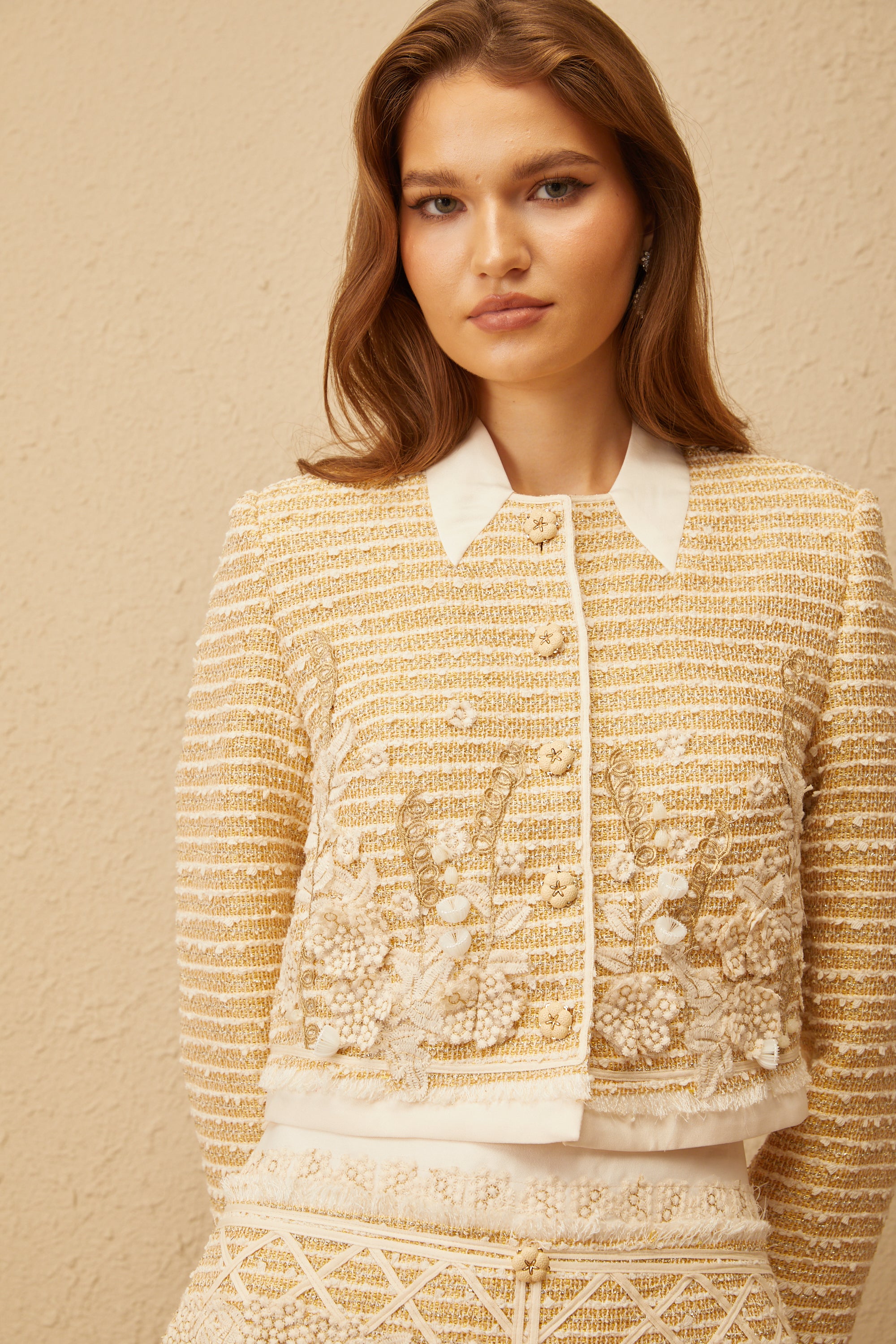 Catalina Neutral Floral Jacquard Tweed Jacket & Skirt Set (Final Sale-US Only)