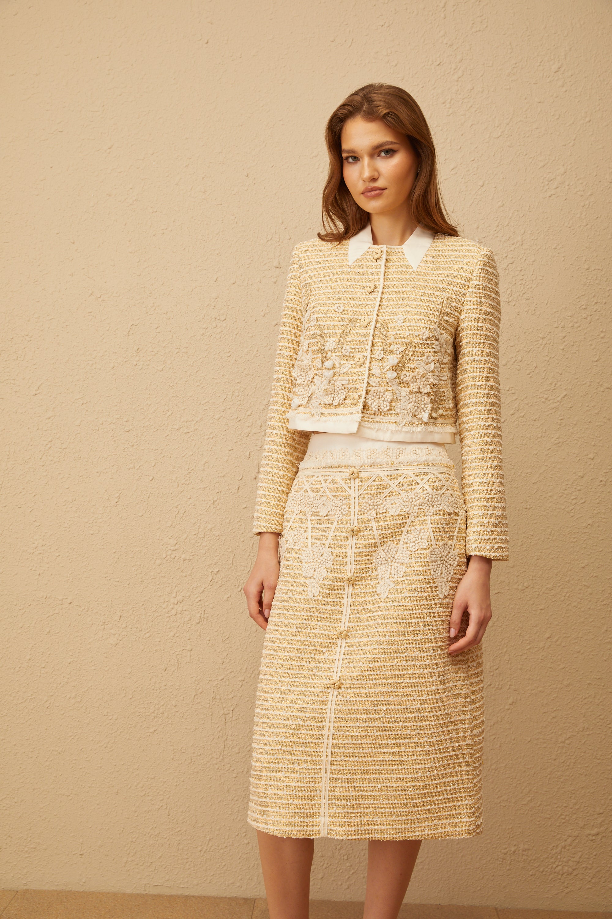 Catalina Neutral Floral Jacquard Tweed Jacket & Skirt Set (Final Sale-US Only)