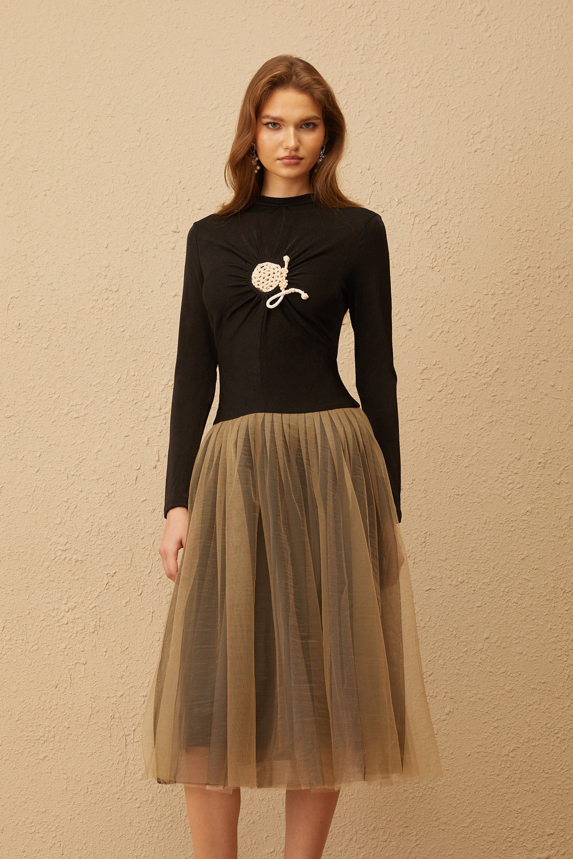 Cézanne Black Crochet Detail Tulle Panel Midi Dress (Final Sale)