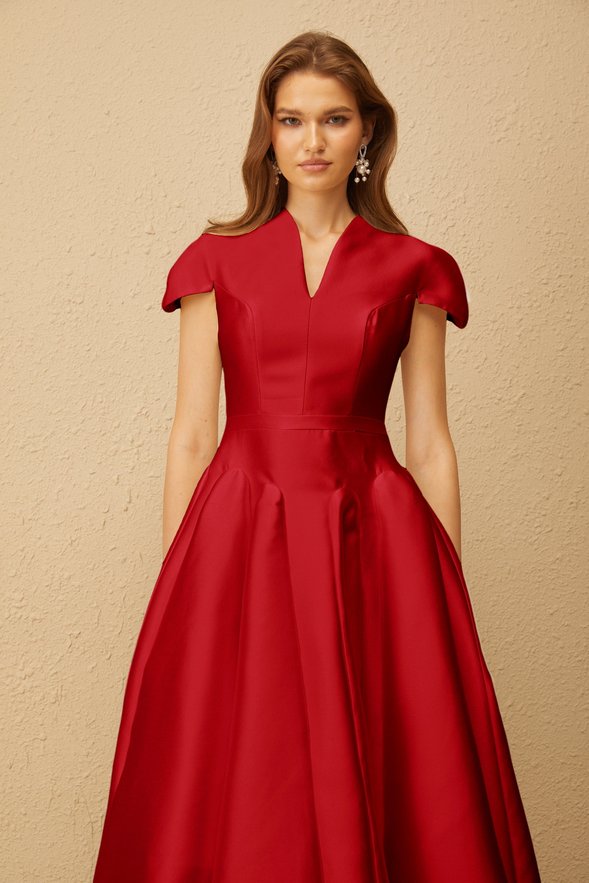 Aventin Red Godet Design Midi Dress (Final Sale)
