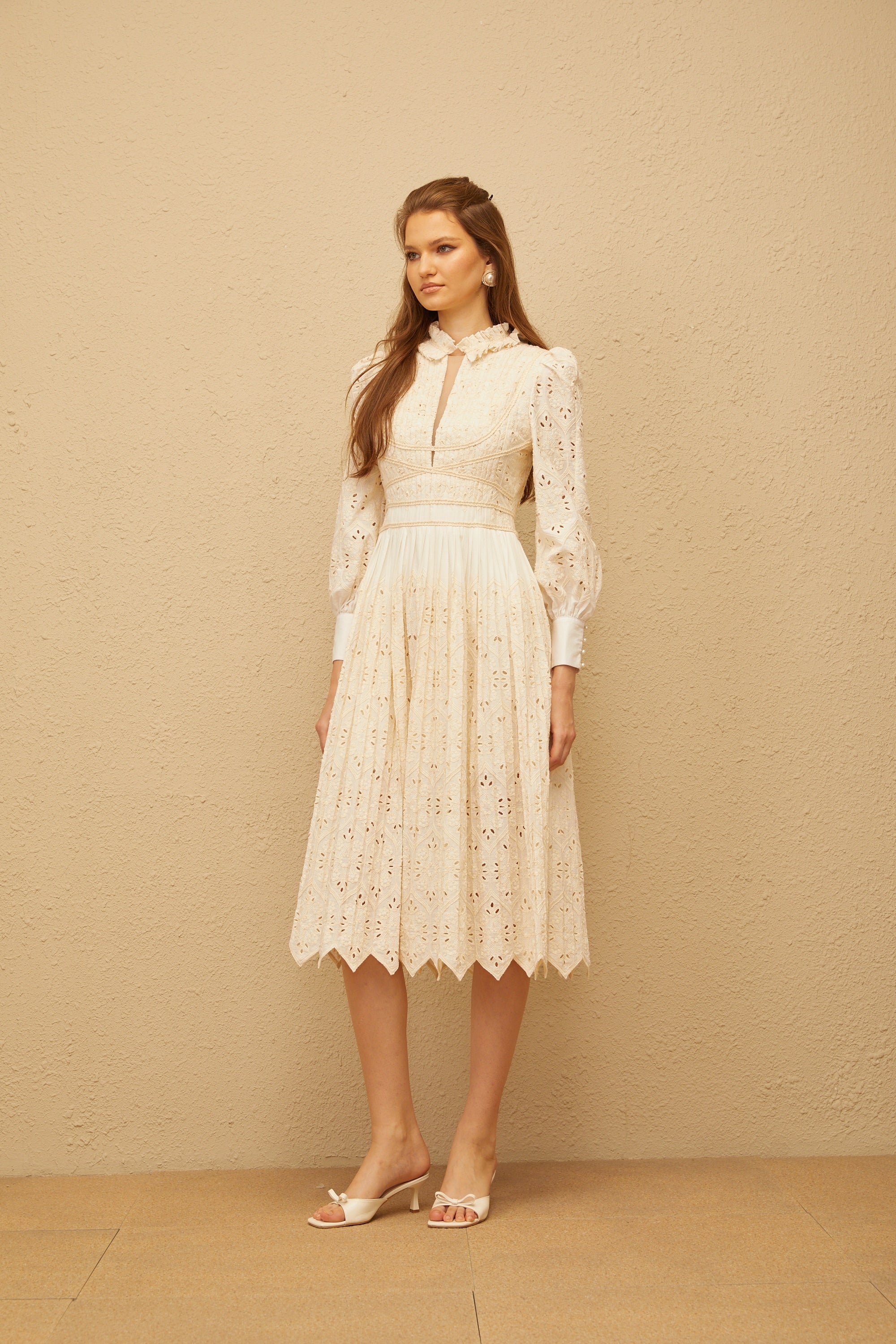 Isabeau Neutral Floral Embroidered Pleated Midi Dress (Final Sale-US Only)