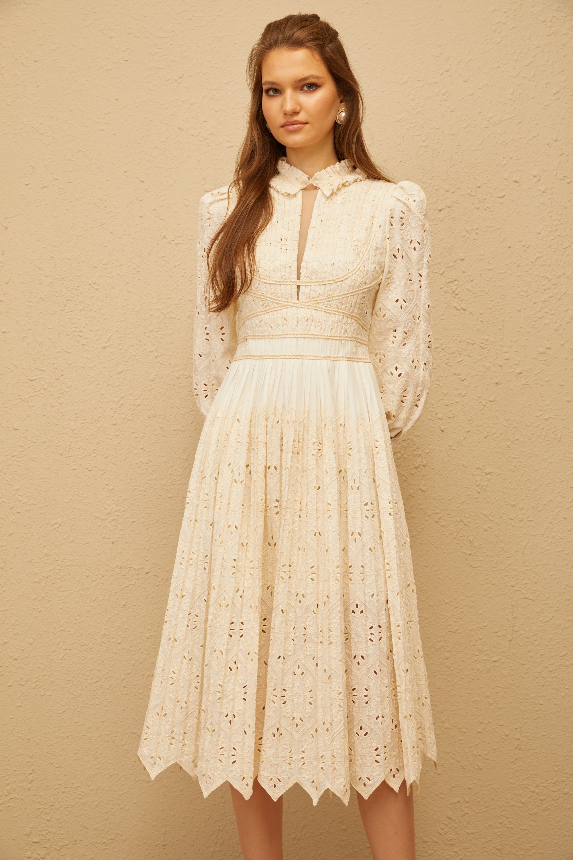 Isabeau Neutral Floral Embroidered Pleated Midi Dress (Final Sale-US Only)