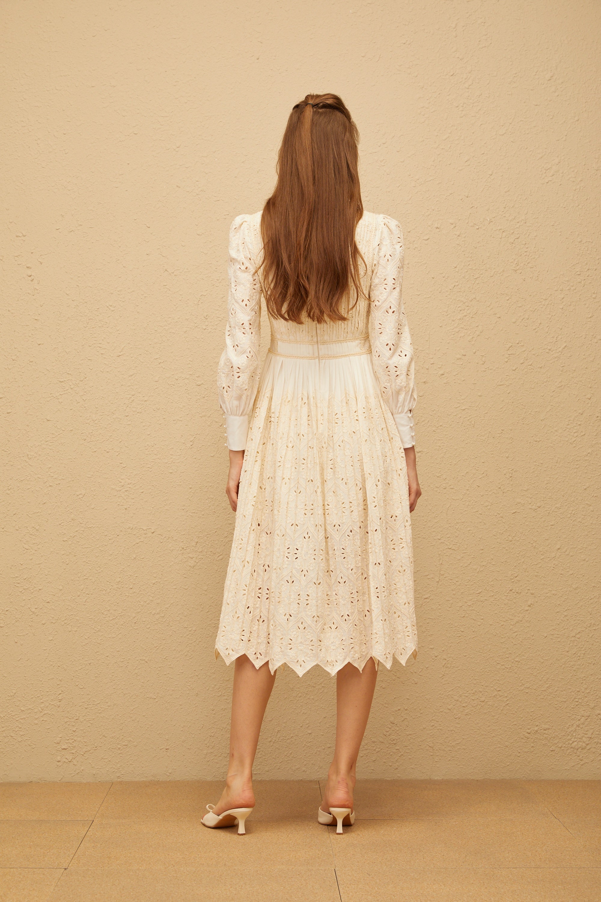 Isabeau Neutral Floral Embroidered Pleated Midi Dress (Final Sale)