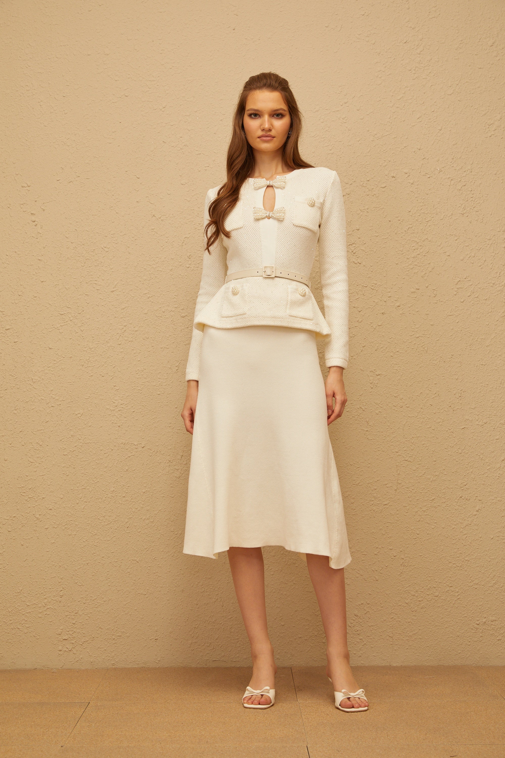 White Embellished Knit Midi Dress