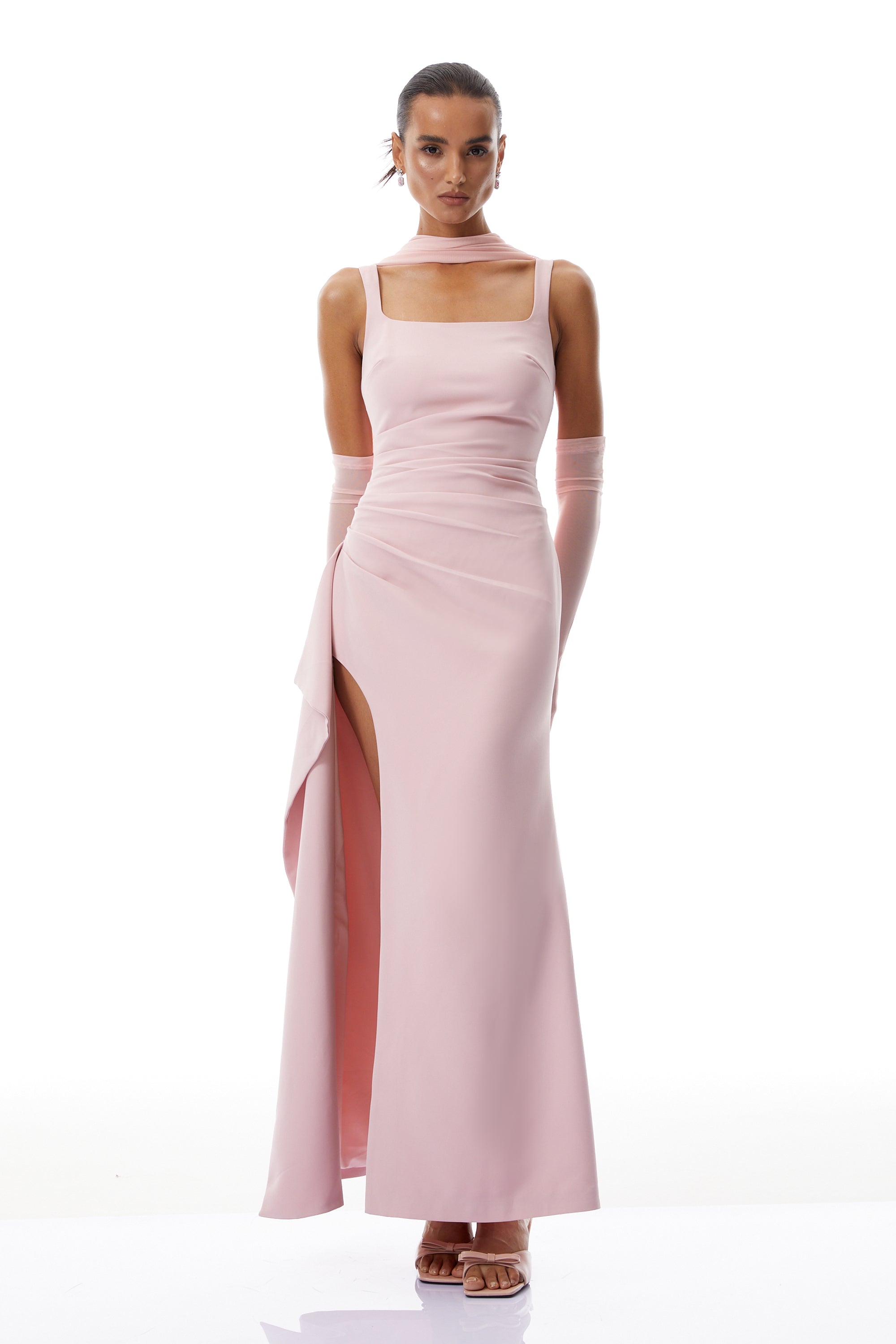 Ophélie Pink Scarf Detail Gathered Maxi Dress (Final Sale-US Only)