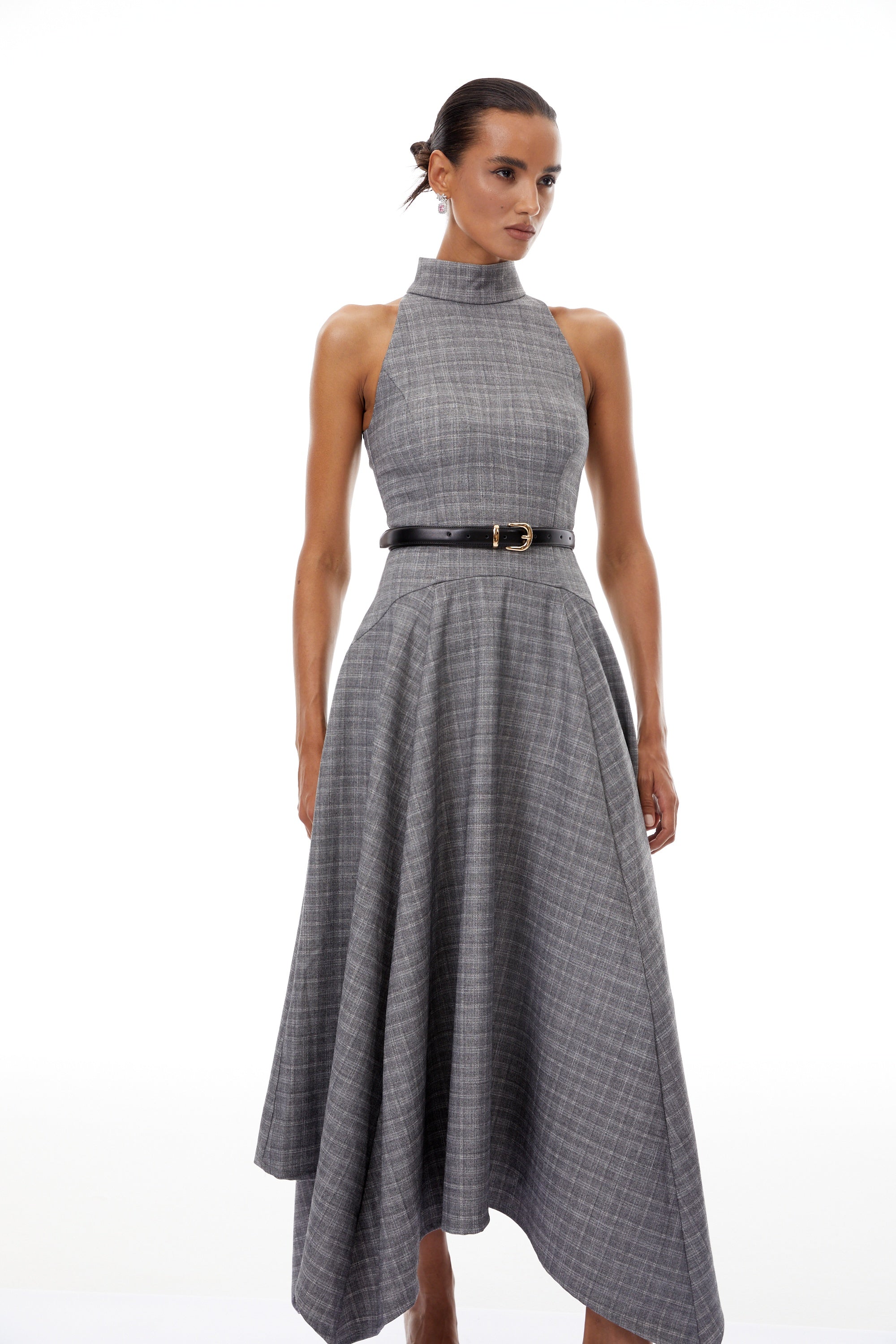 Wilhemine Grey Checked Tweed Midi Dress (Without Belt) (Final Sale-US Only)