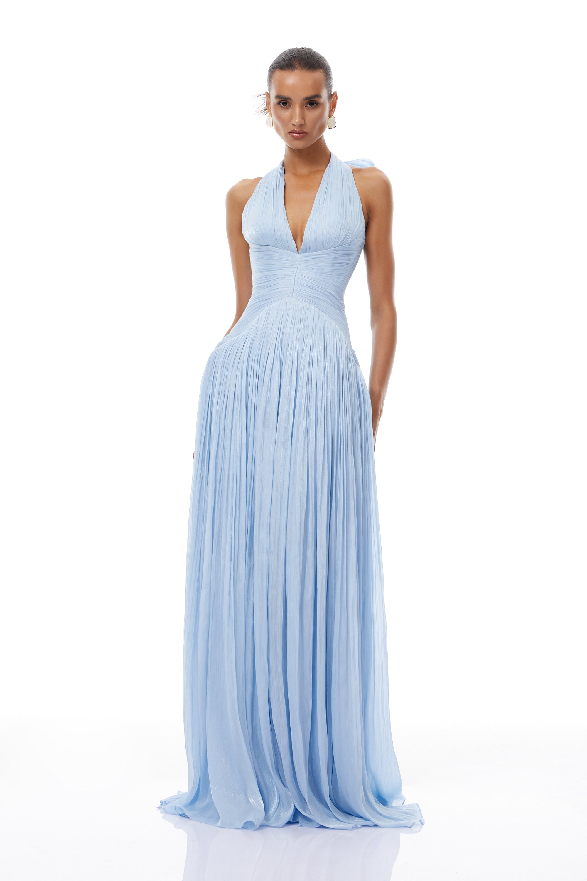 Blue Glossy Gathered Maxi Dress