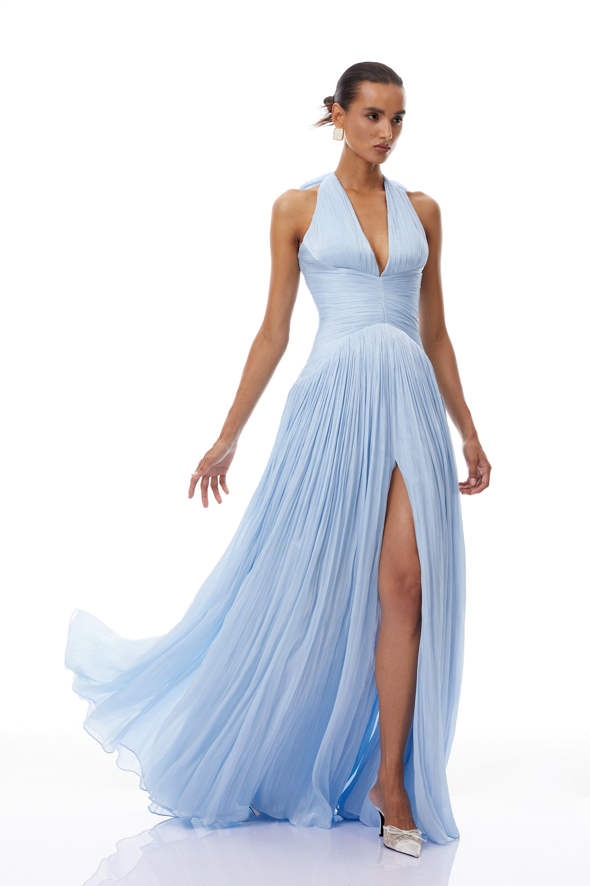 Blue Glossy Gathered Maxi Dress
