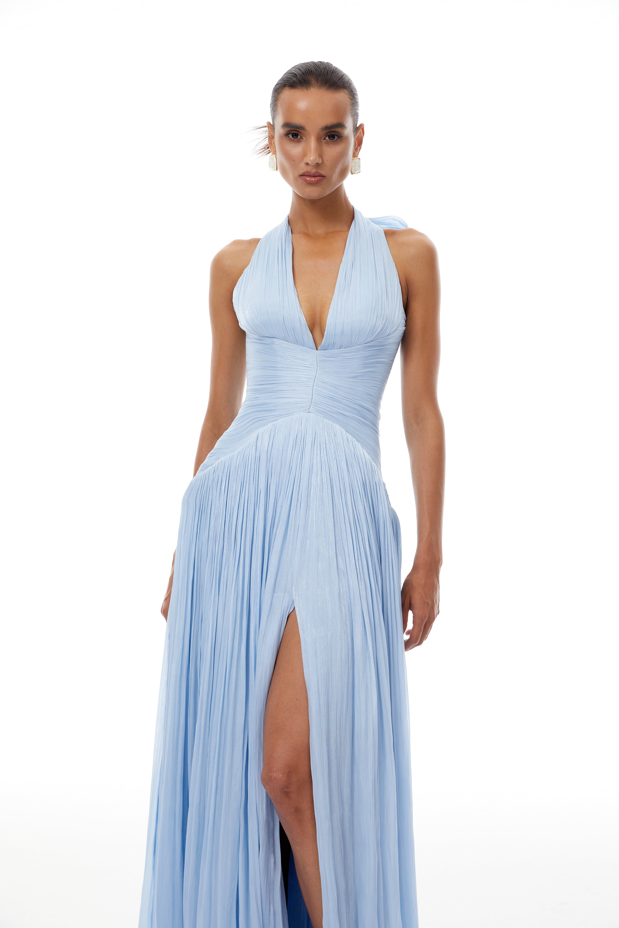 Blue Glossy Gathered Maxi Dress
