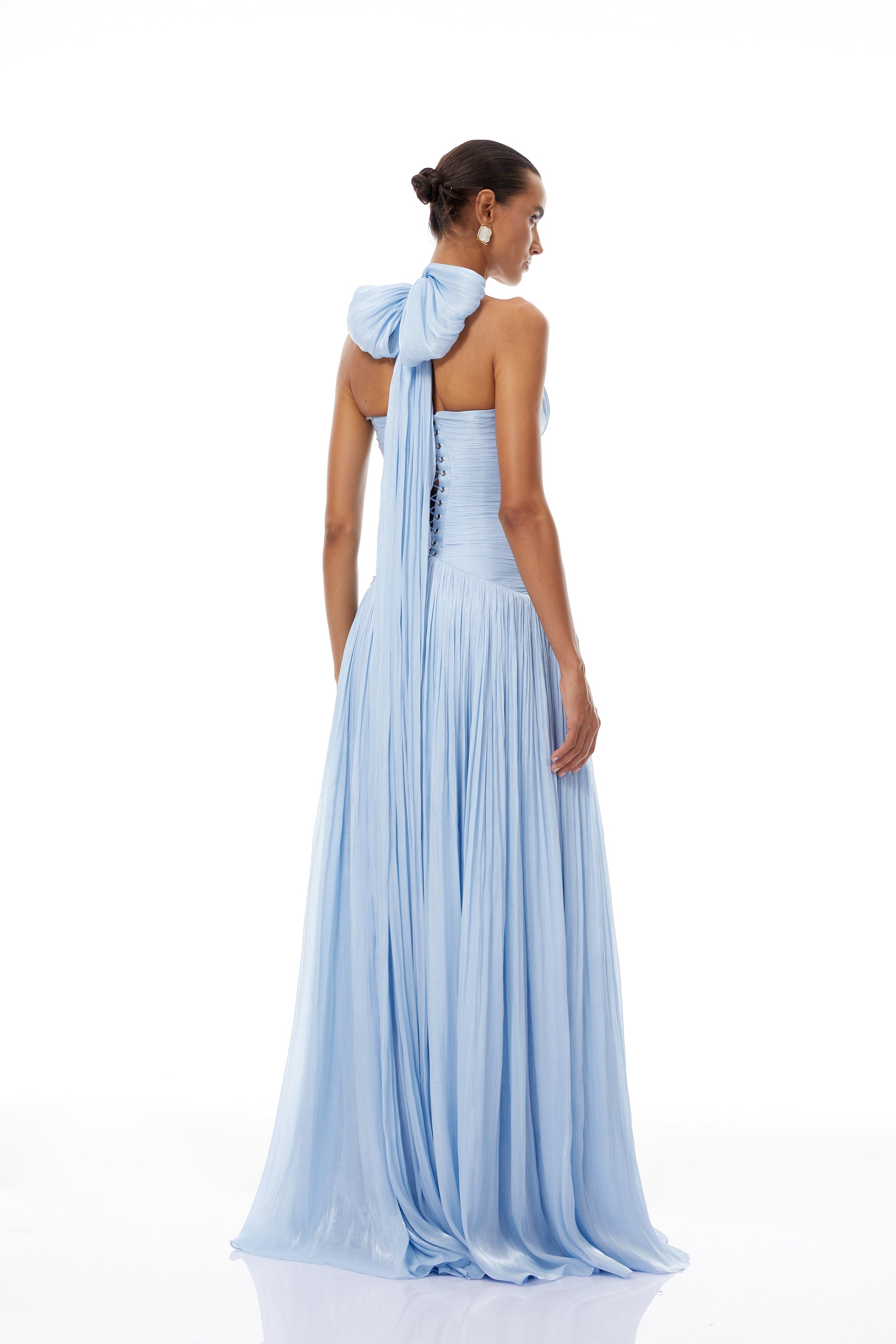 Blue Glossy Gathered Maxi Dress