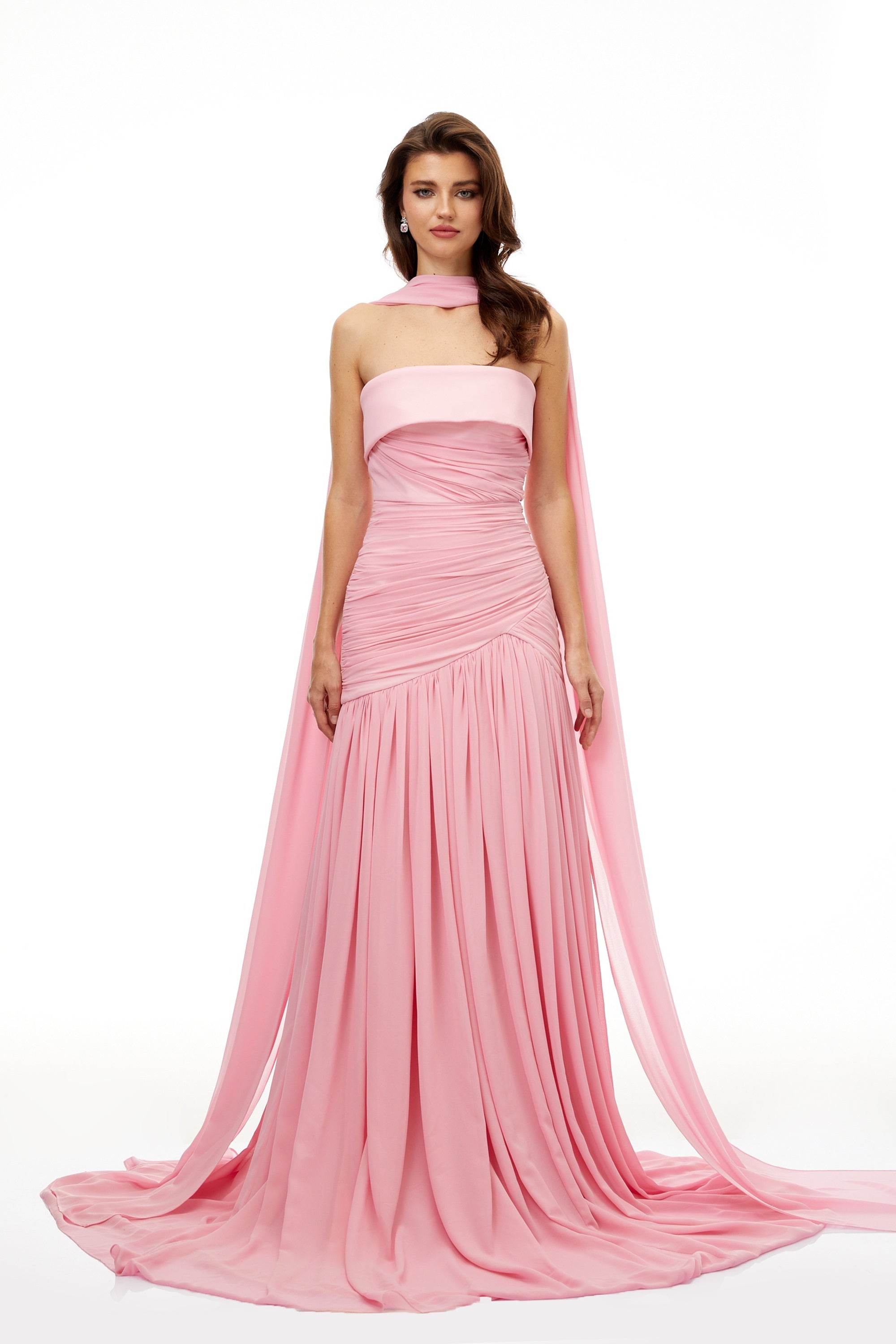 Laetitia Pink Pleated Train Ruched Maxi Dress (Final Sale-US Only)