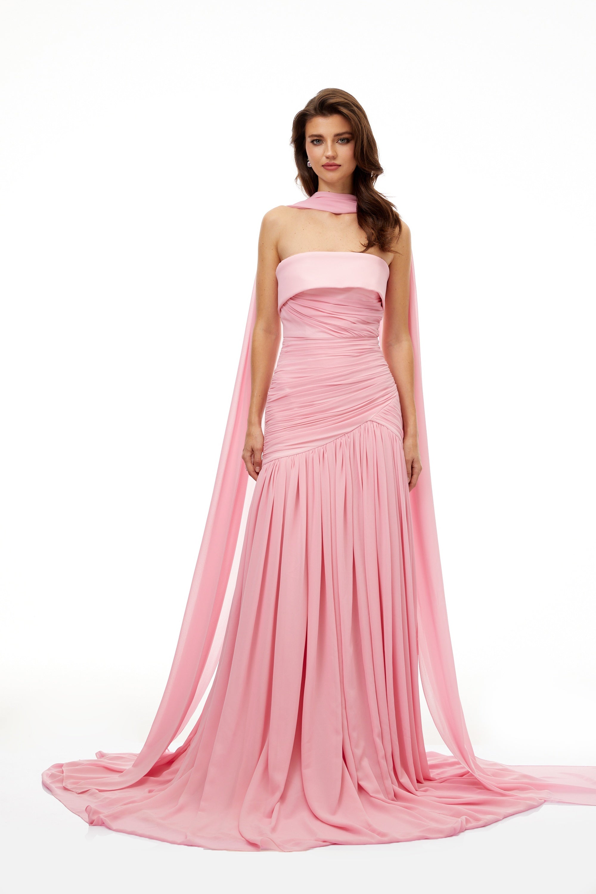 Laetitia Pink Pleated Train Ruched Maxi Dress (Final Sale-US Only)