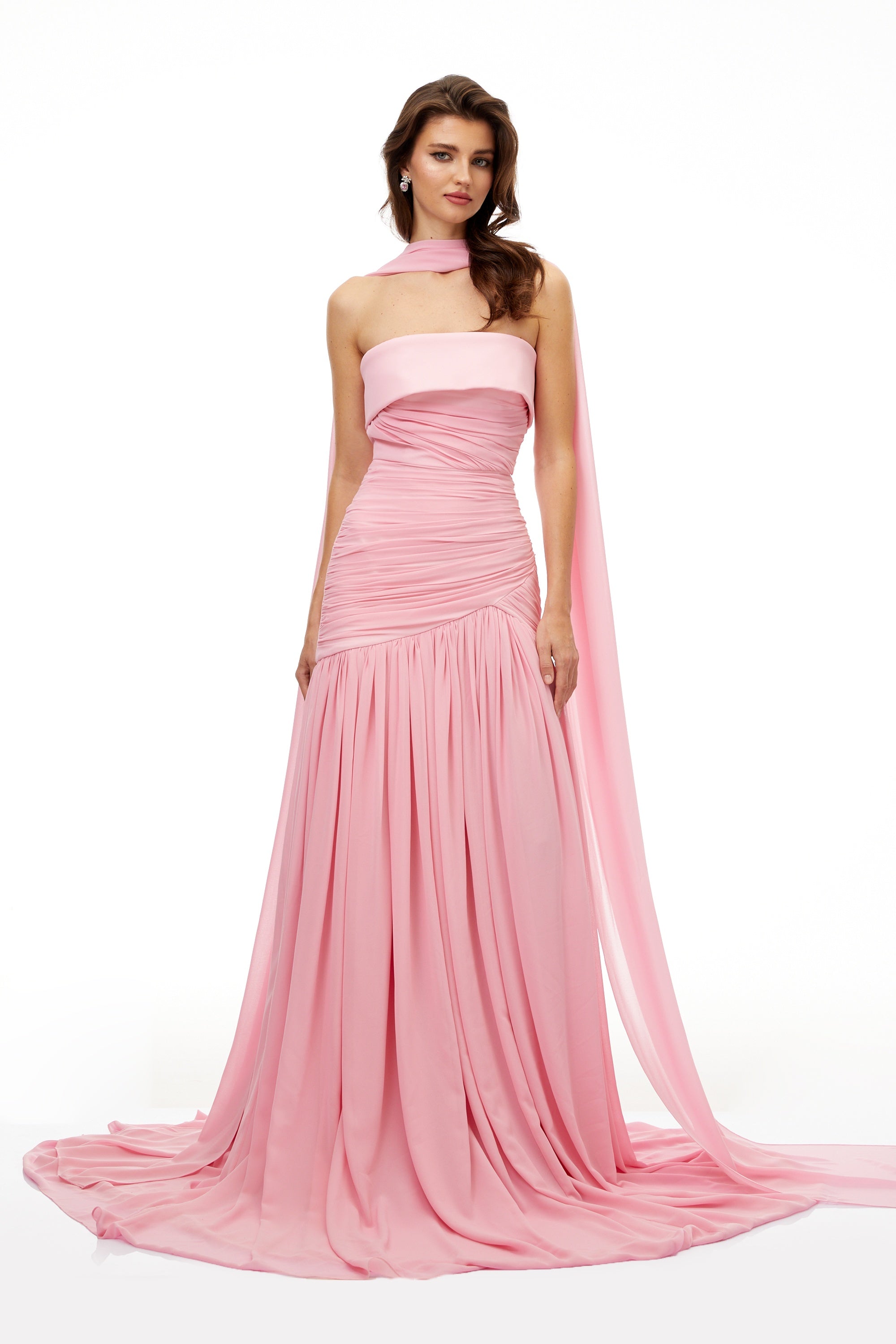 Laetitia Pink Pleated Train Ruched Maxi Dress (Final Sale-US Only)