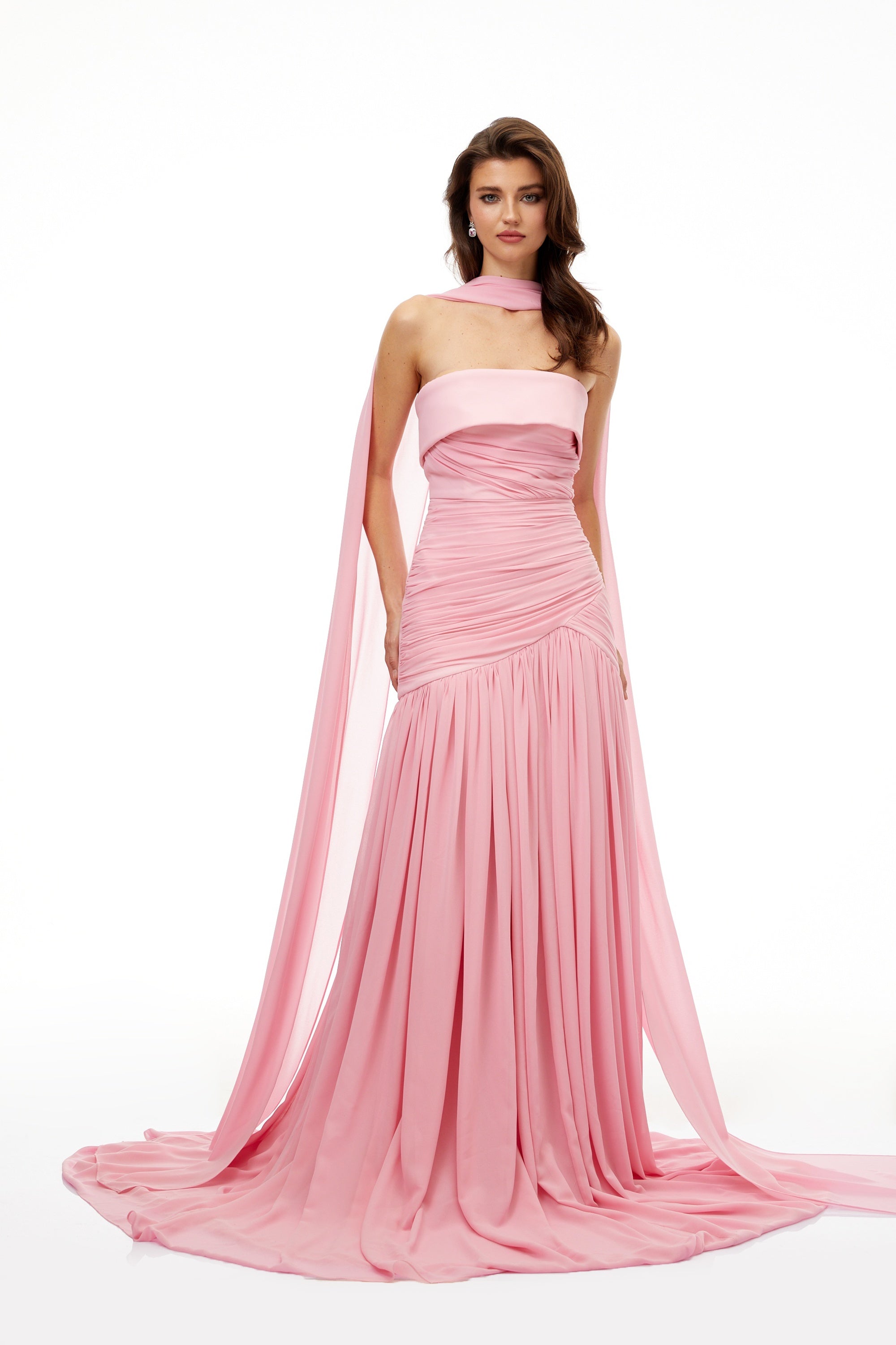 Laetitia Pink Pleated Train Ruched Maxi Dress (Final Sale-US Only)