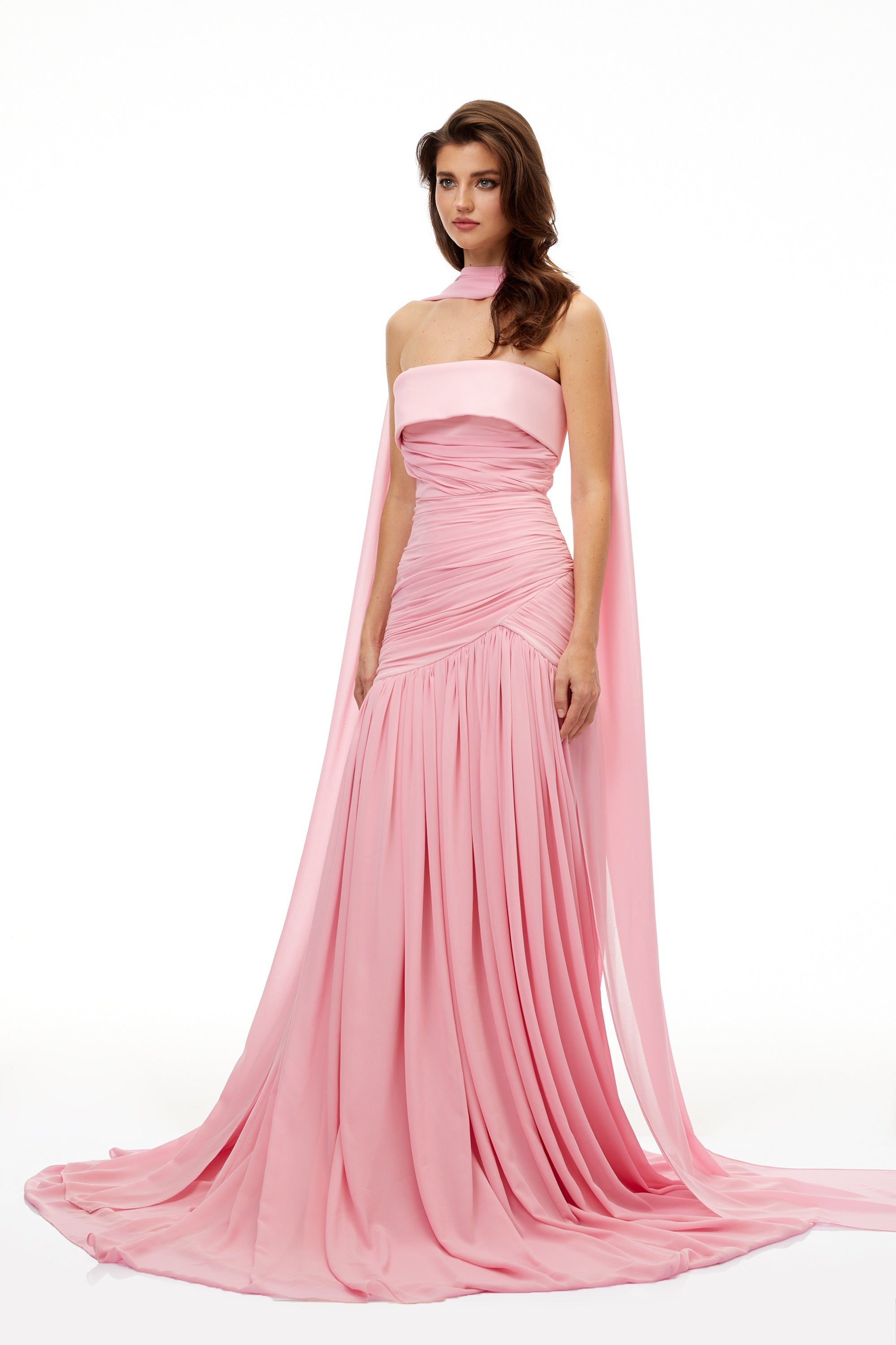Laetitia Pink Pleated Train Ruched Maxi Dress (Final Sale-US Only)