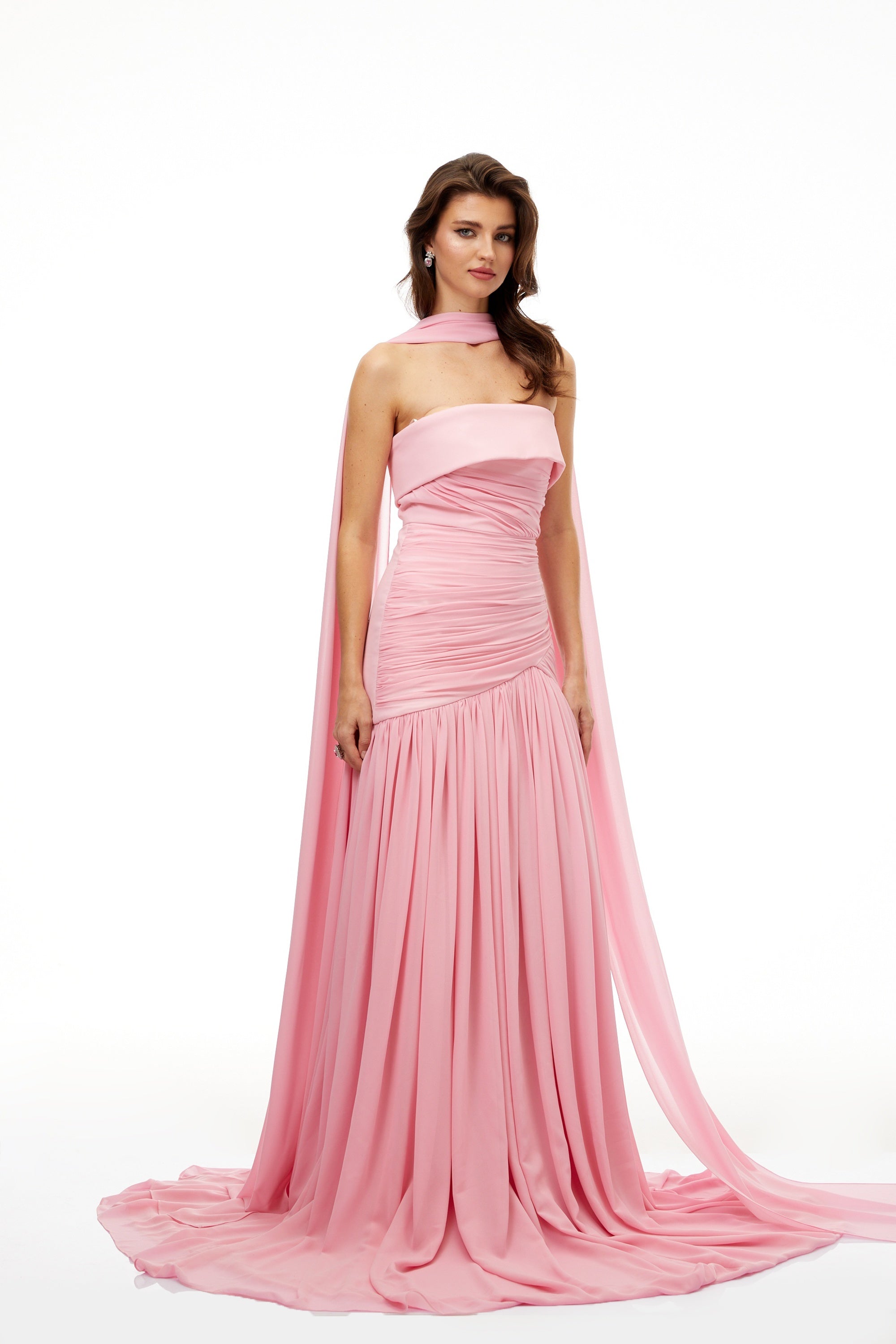 Laetitia Pink Pleated Train Ruched Maxi Dress (Final Sale-US Only)