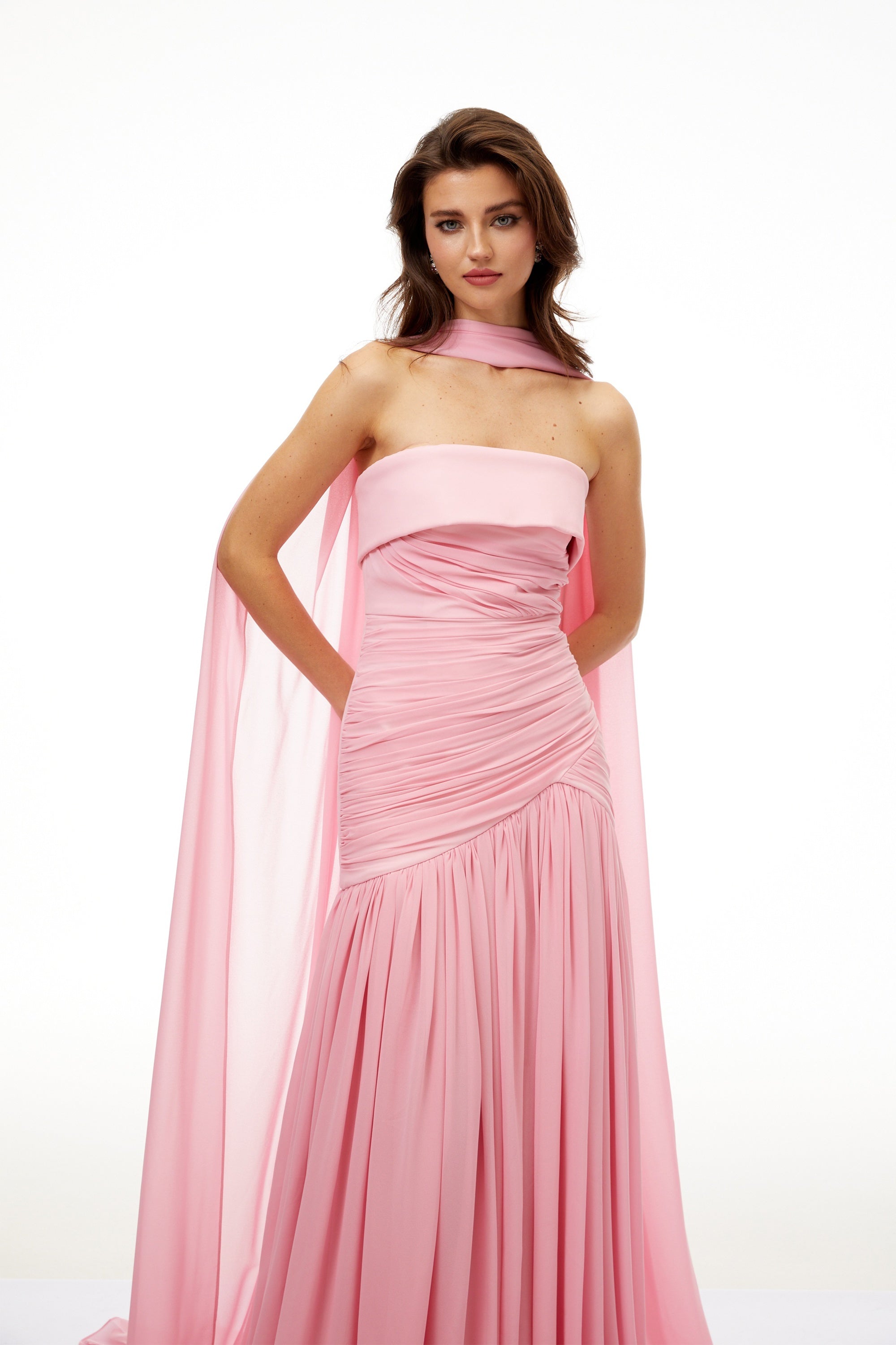 Laetitia Pink Pleated Train Ruched Maxi Dress (Final Sale-US Only)