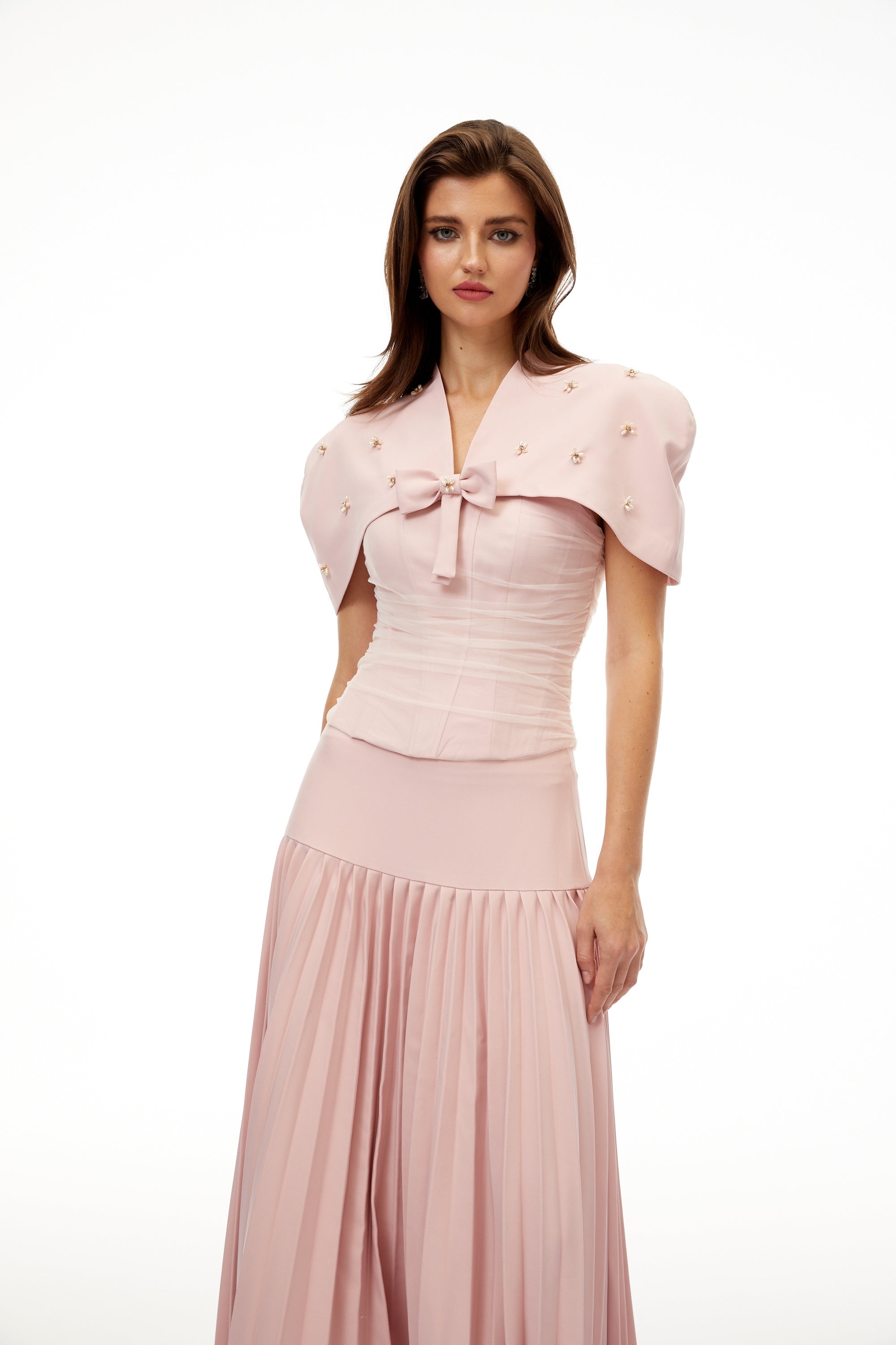 Rhinestone-Adorned Corset & Bolero & Pleated Skirt