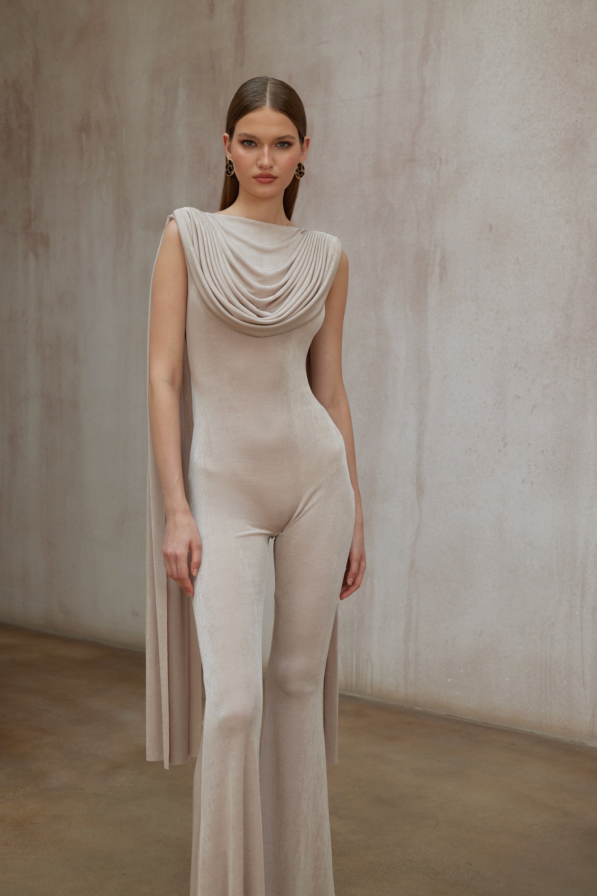 Clarisse Neutral Dropped Design Velvet Jumpsuit (Final Sale)