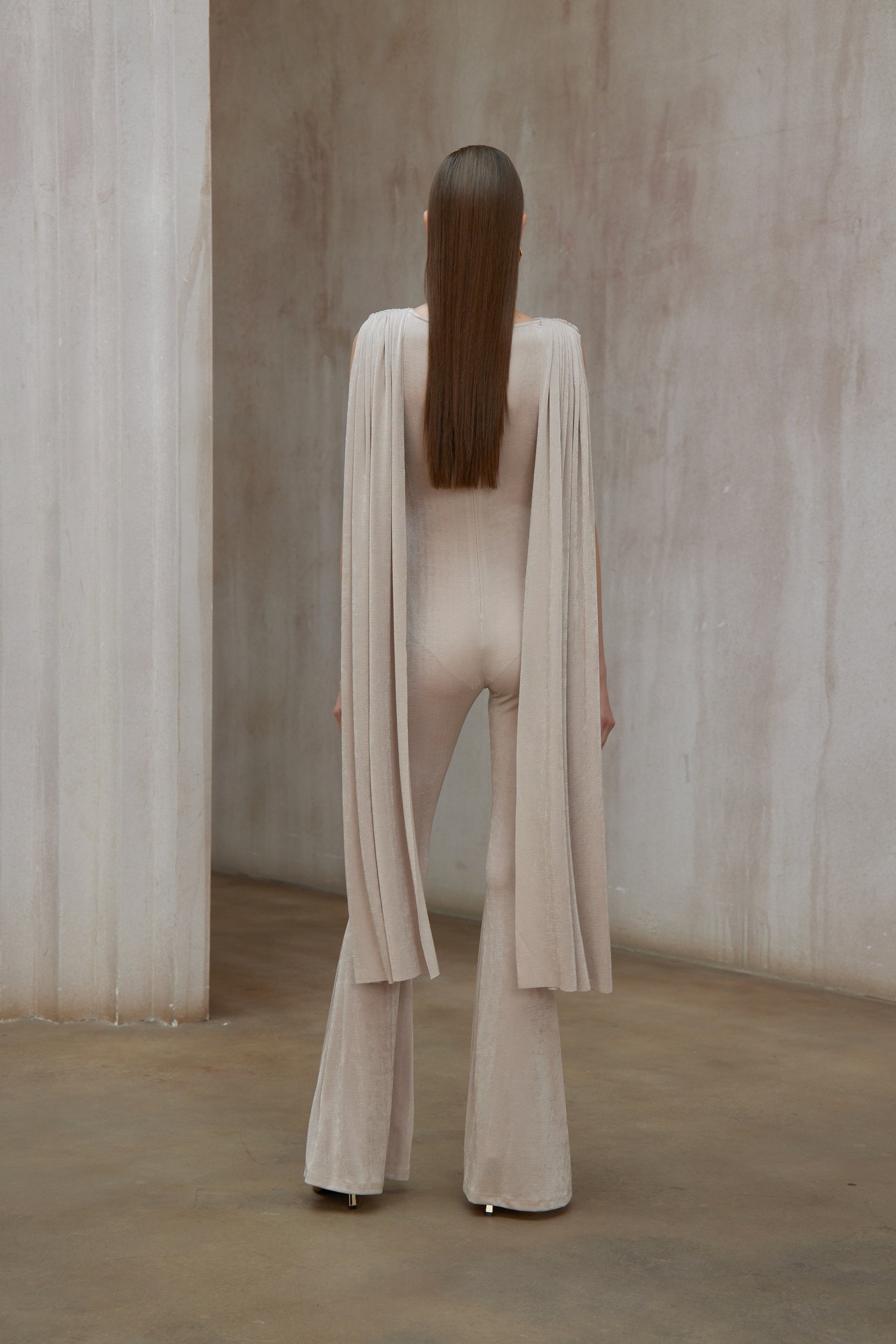 Clarisse Neutral Dropped Design Velvet Jumpsuit (Final Sale)