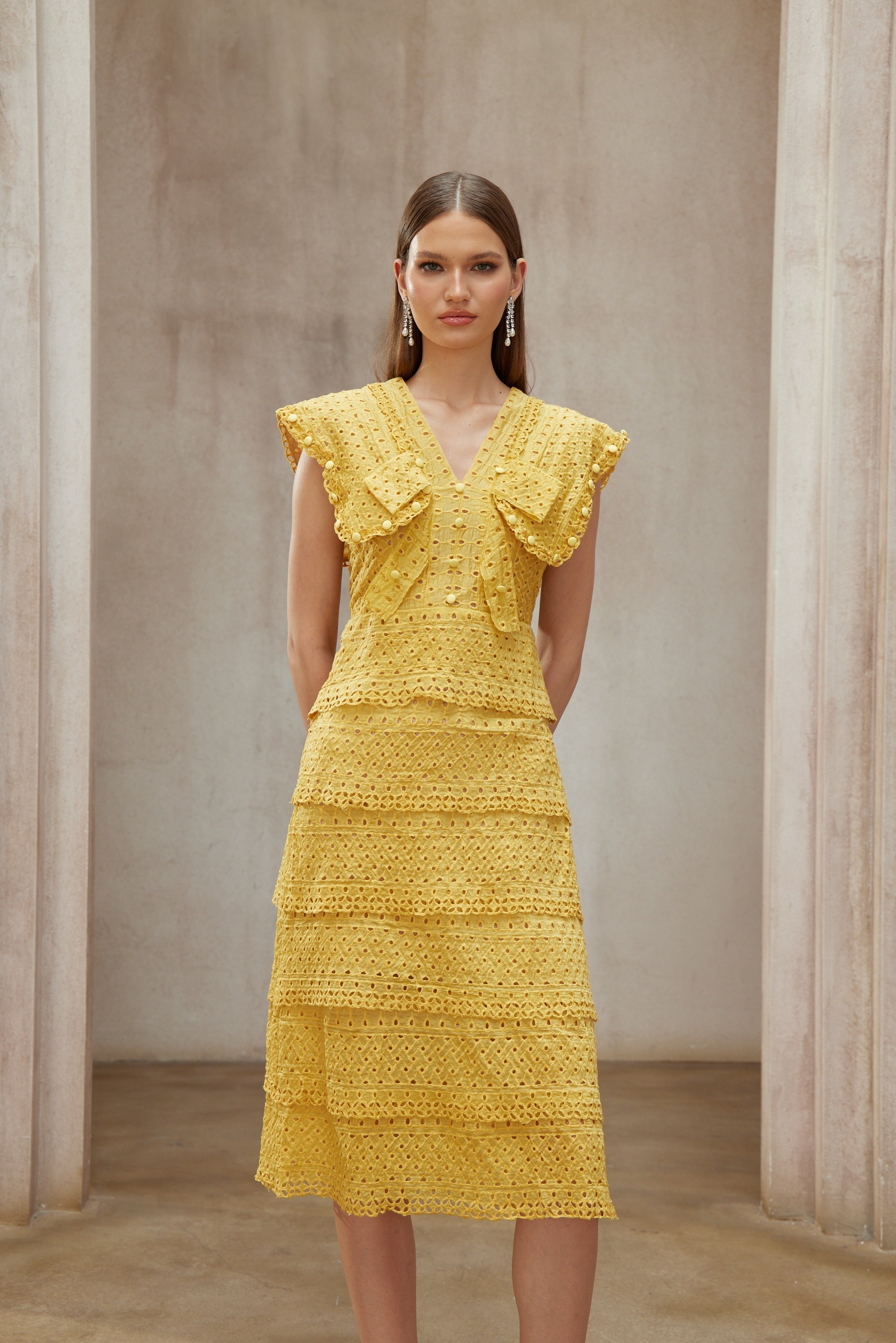 Fidji Yellow Layered Embroidered Midi Dress (Final Sale)
