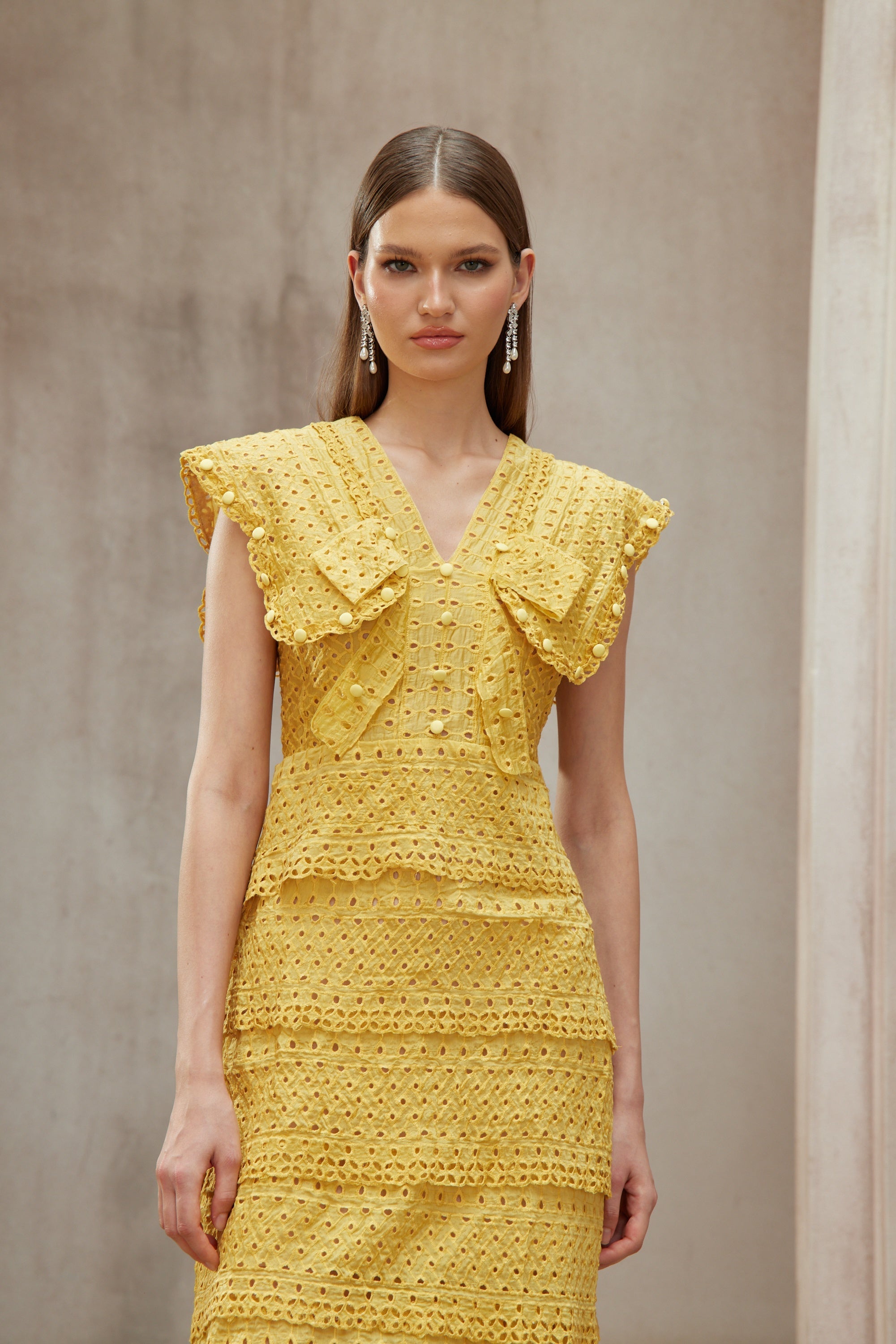 Fidji Yellow Layered Embroidered Midi Dress (Final Sale)