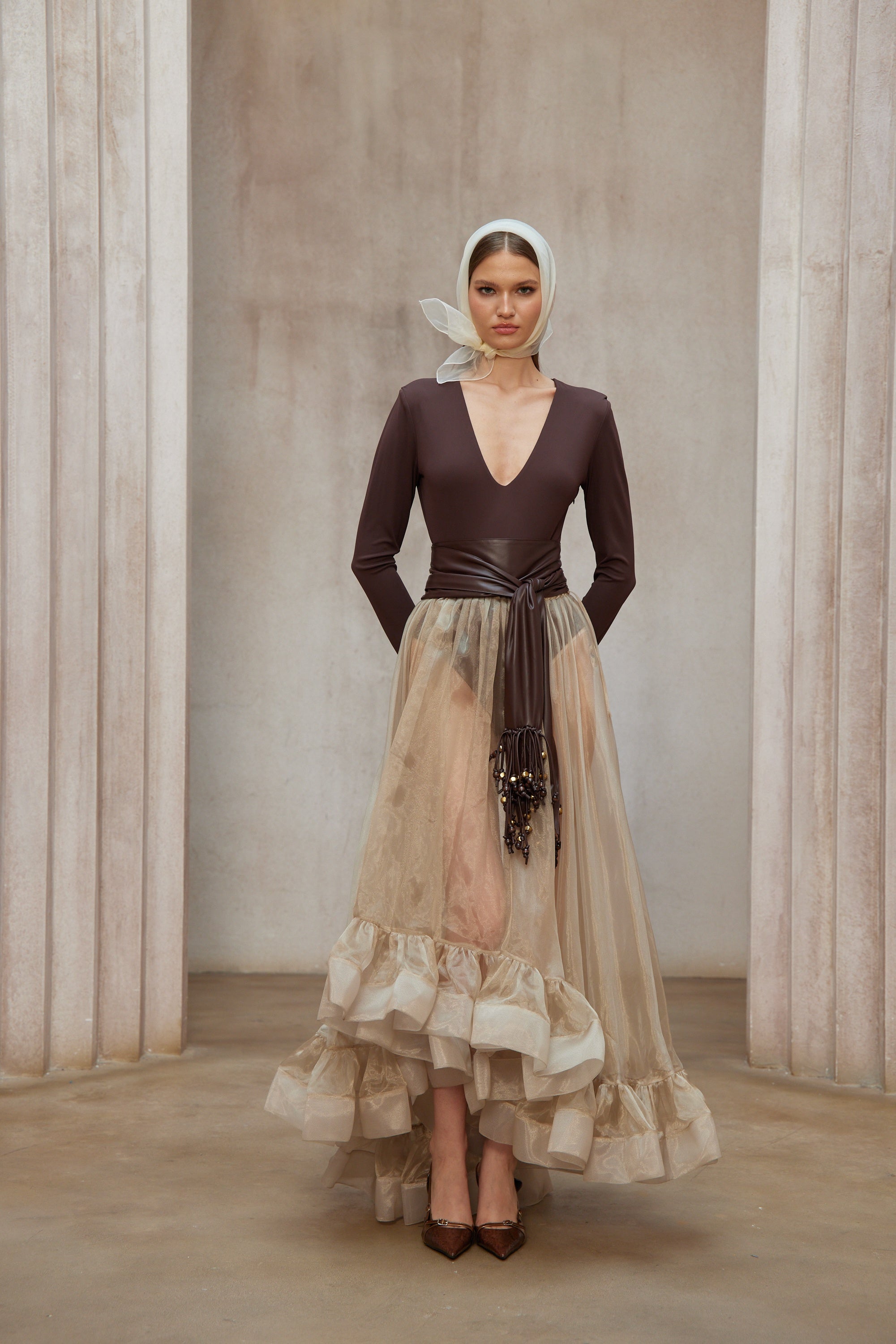 Paula Brown Bodysuit & Neutral Organza Skirt Set (Without Belt) (Final Sale)