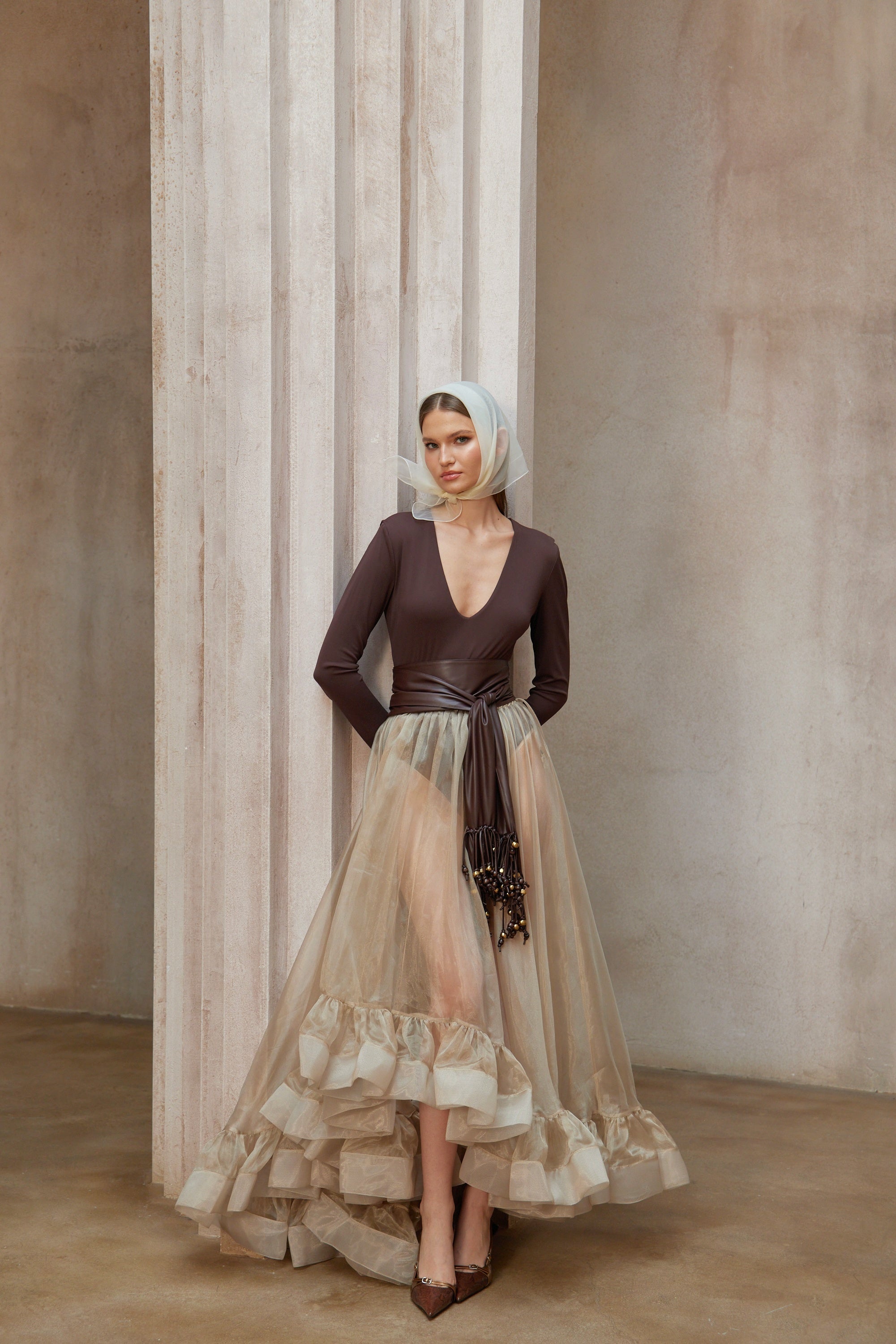 Paula Brown Bodysuit & Neutral Organza Skirt Set (Without Belt) (Final Sale)