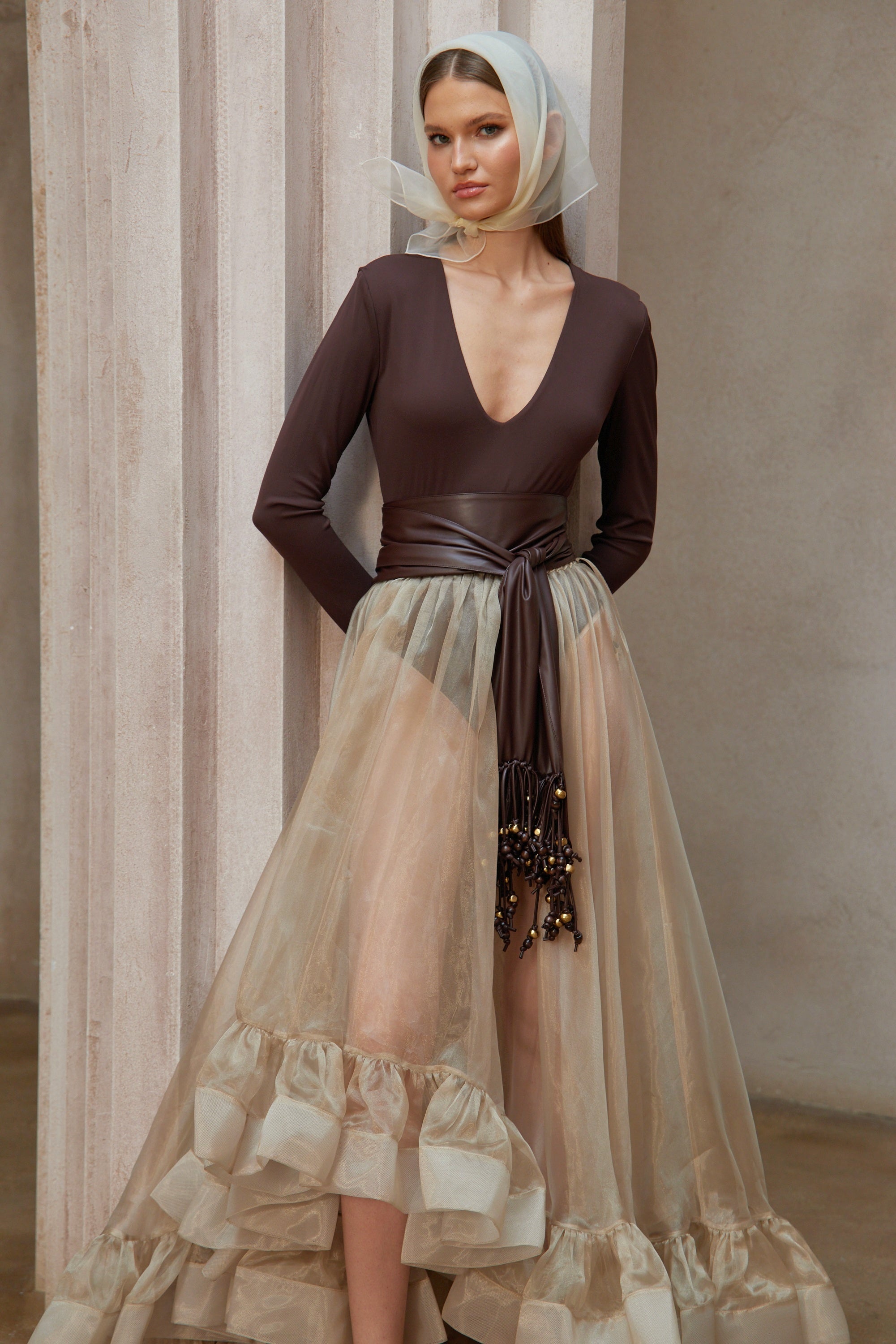 Paula Brown Bodysuit & Neutral Organza Skirt Set (Without Belt) (Final Sale)